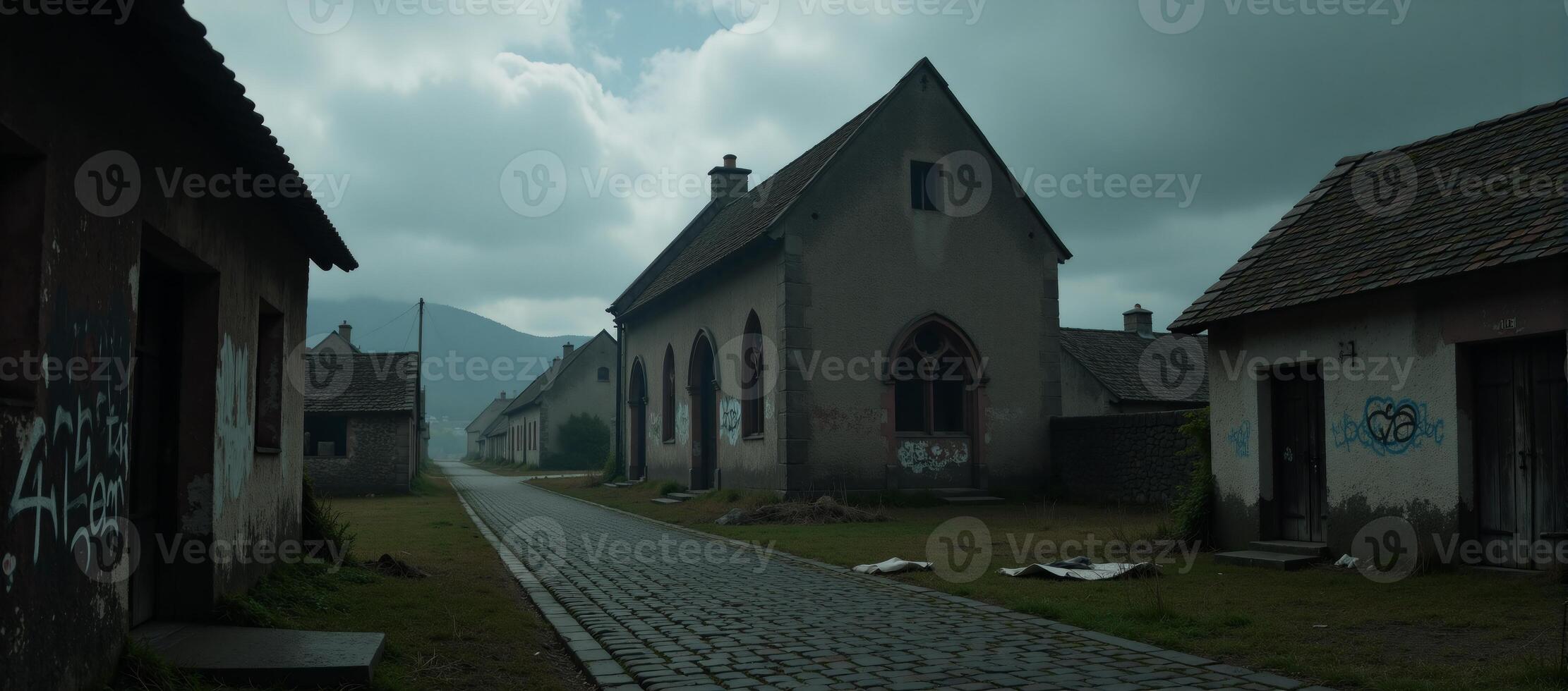 An old eerie ghost town shrouded in a spooky misty ambiance photo