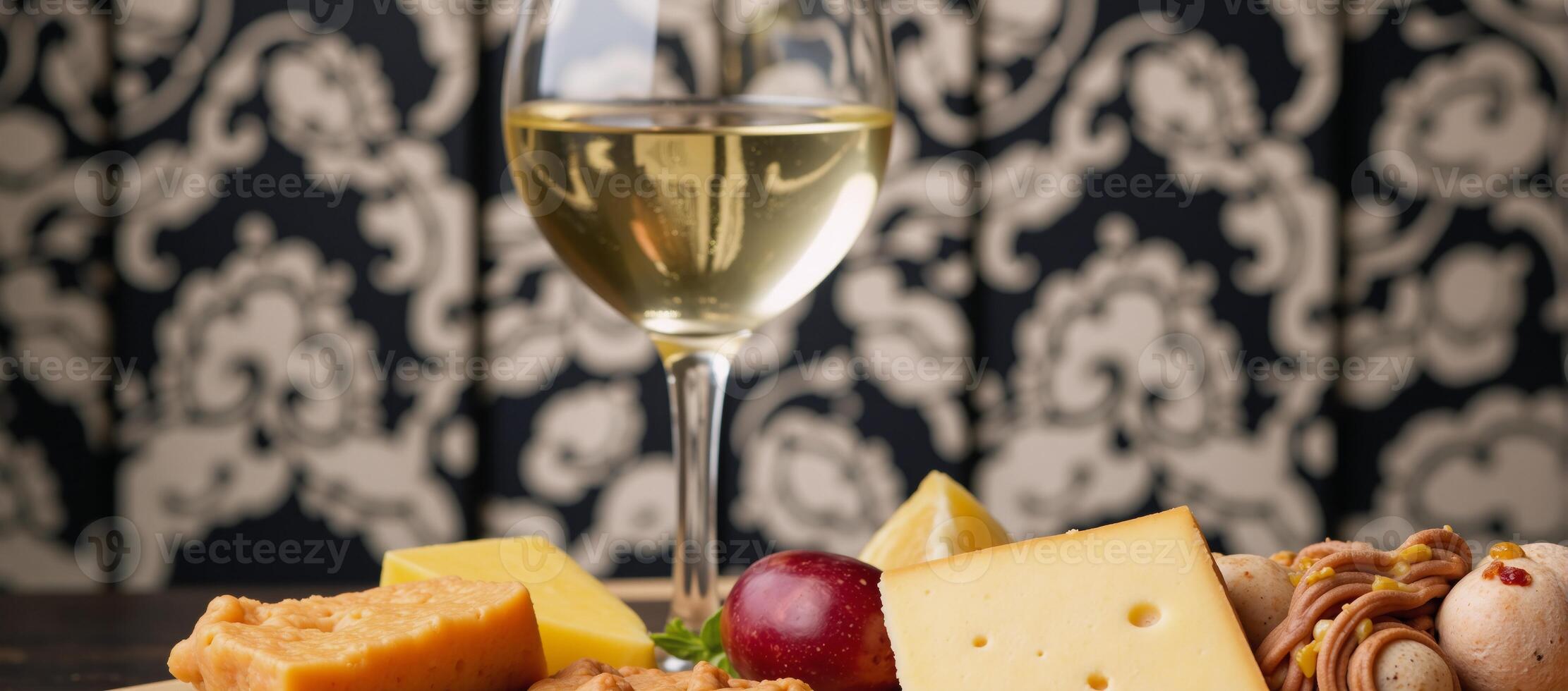 Closeup view of a white wine and cheese board on a stylishly designed backdrop photo