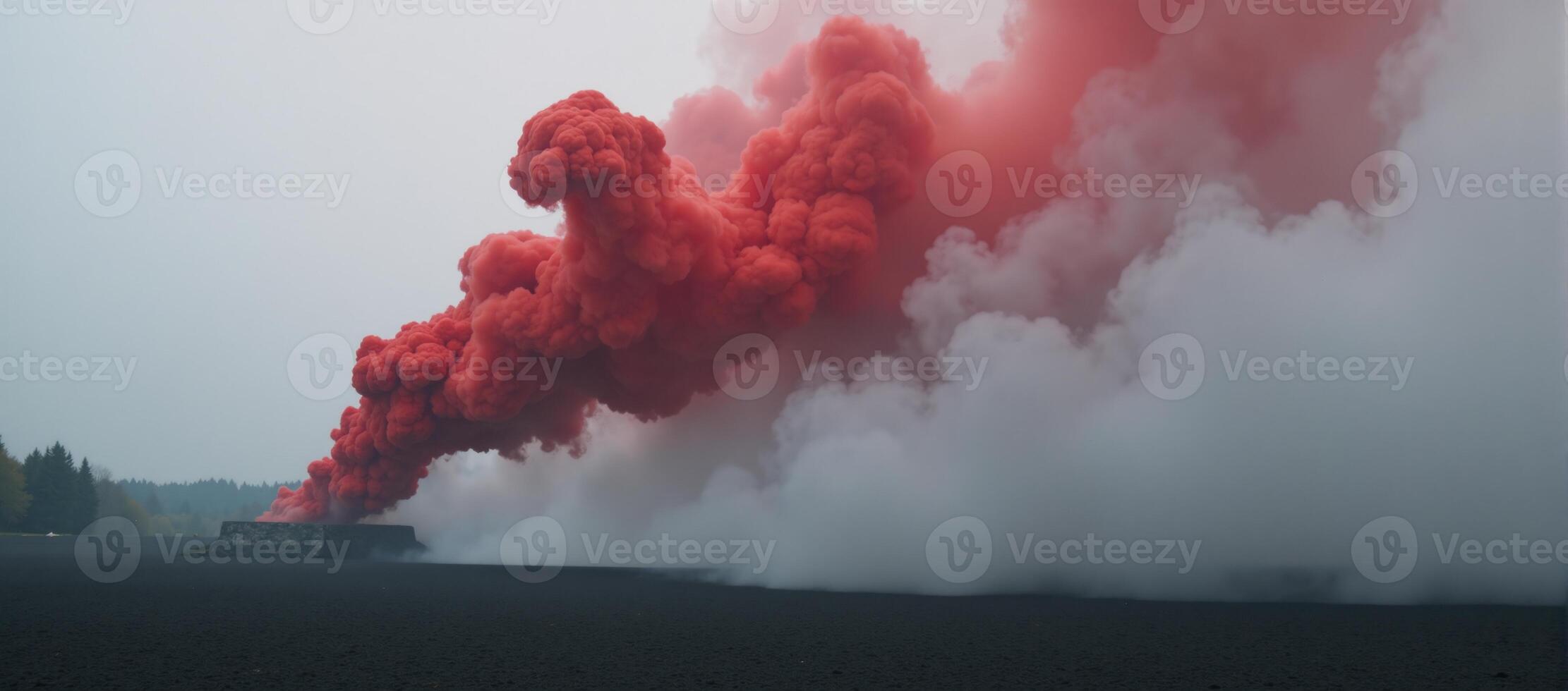 Slowmotion shot of red smoke rising through swirling white fog photo