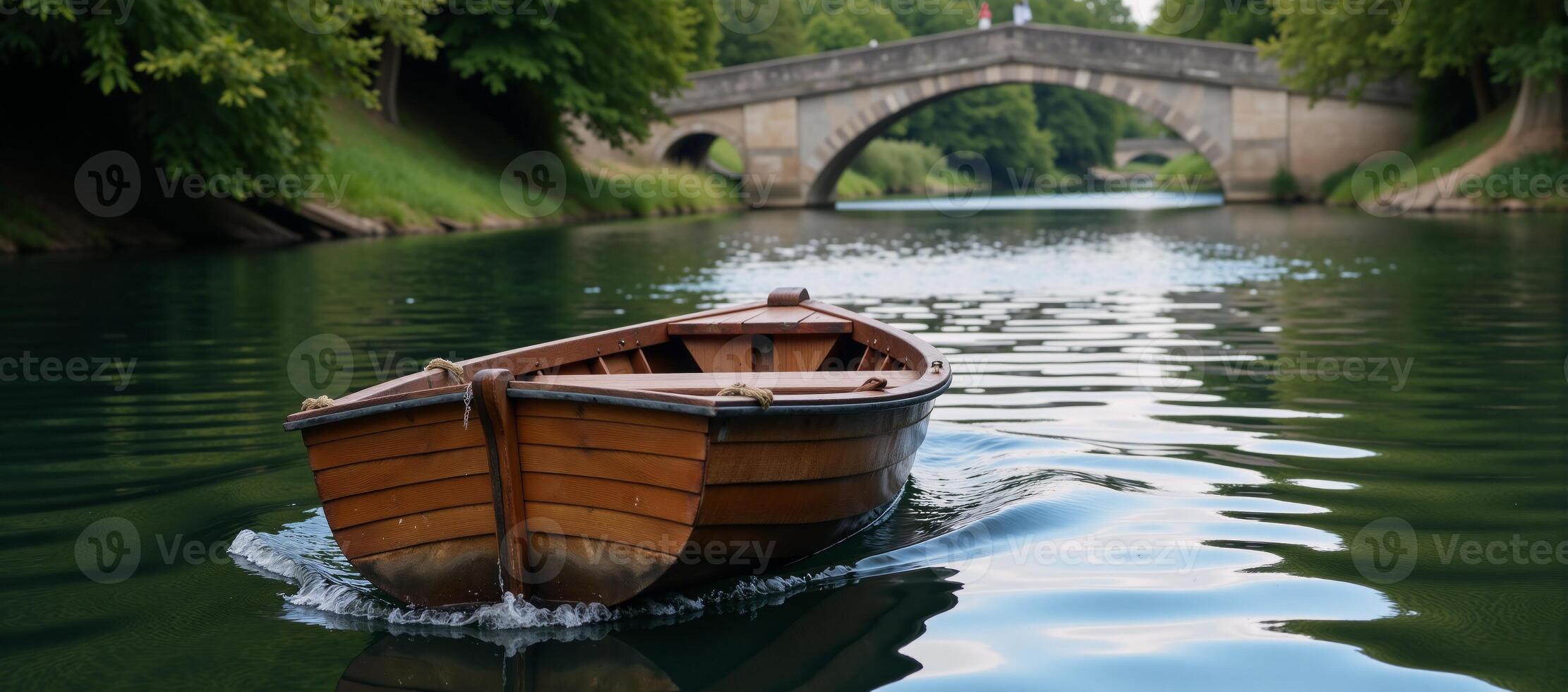 Soothing bluegreen riverscape showcases a gently rocking wooden rowboat in an idyllic European countryside setting photo