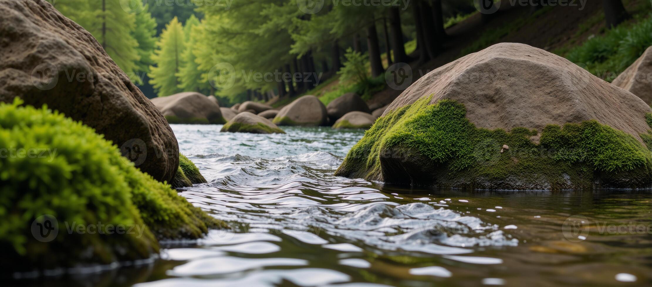 Rocks covered in verdant moss along a shoreside forested area photo