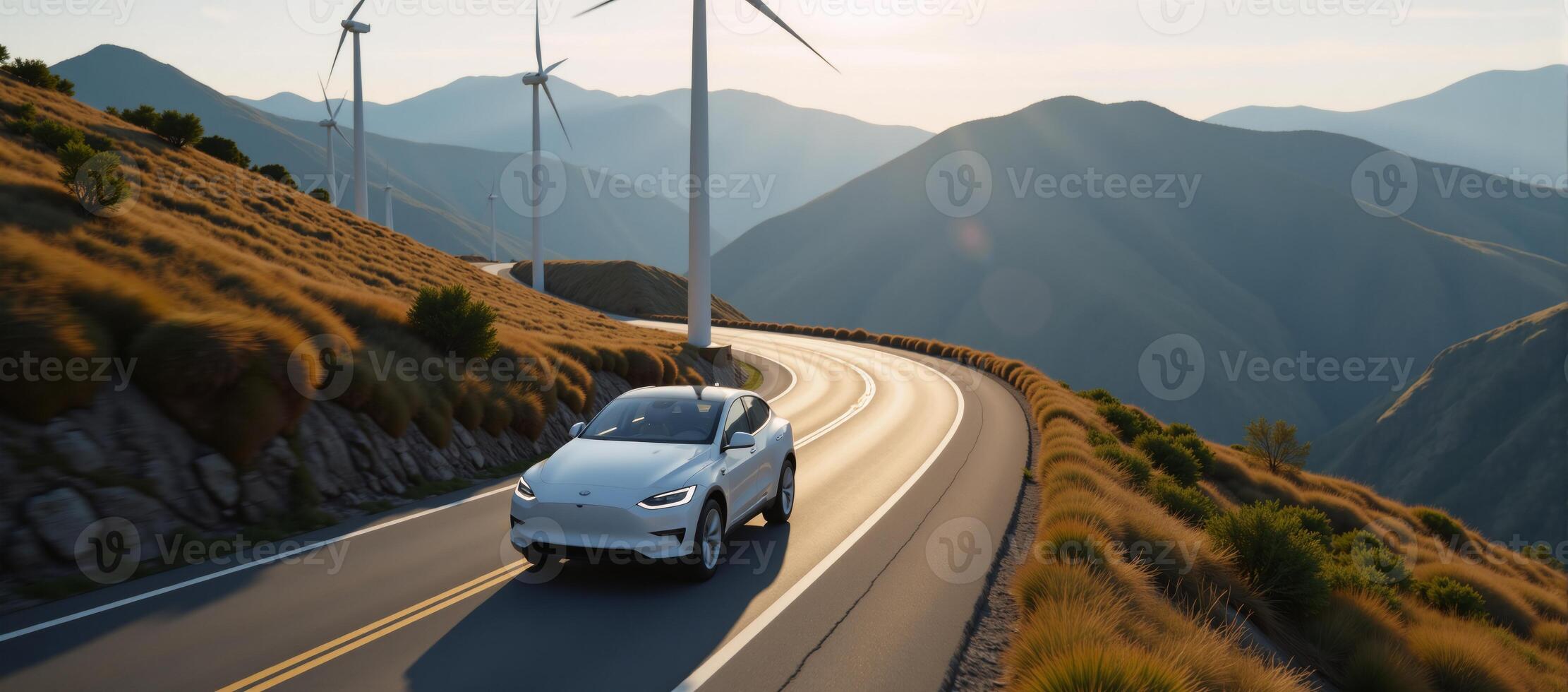 A sleek electric car navigates through a wind turbine farm traveling along a picturesque mountain road in a 3D rendered scene that showcases an alternative energy landscape photo