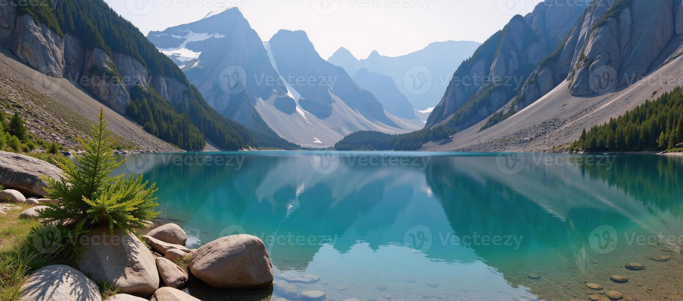 Tranquil lake nestled amidst towering mountain peaks photo