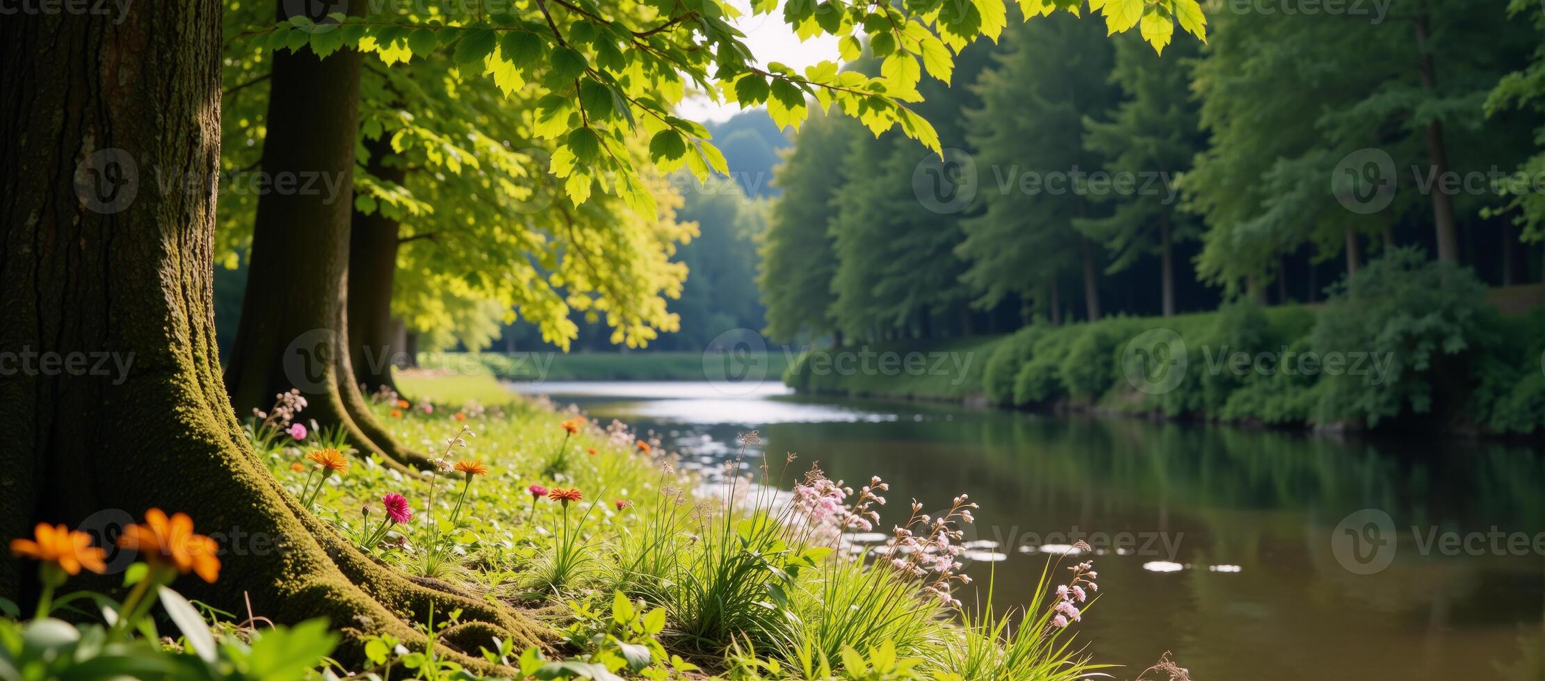 Illustration of a picturesque riverbank adorned with lush trees and vegetation photo