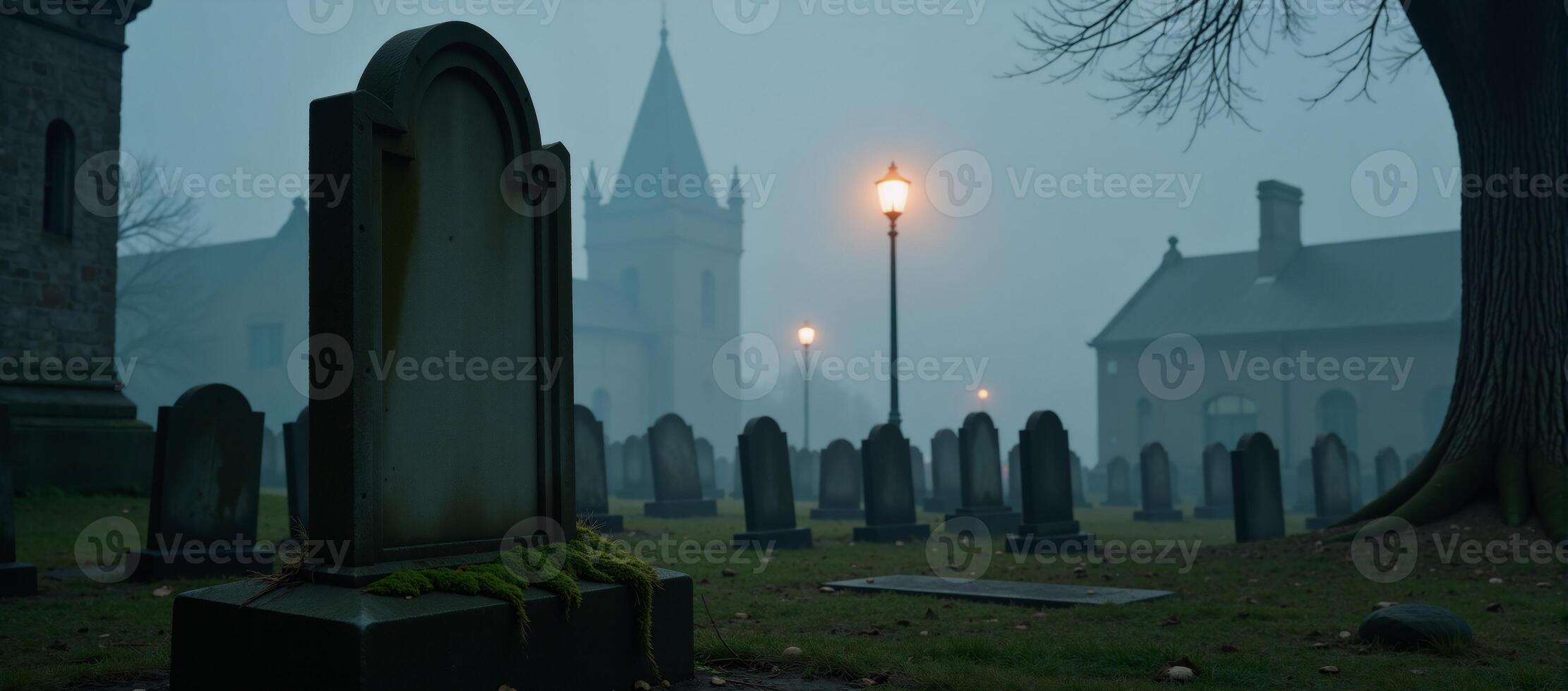 A haunting cityscape on Halloween night surrounded by a foggy spooky graveyard with tombstones photo