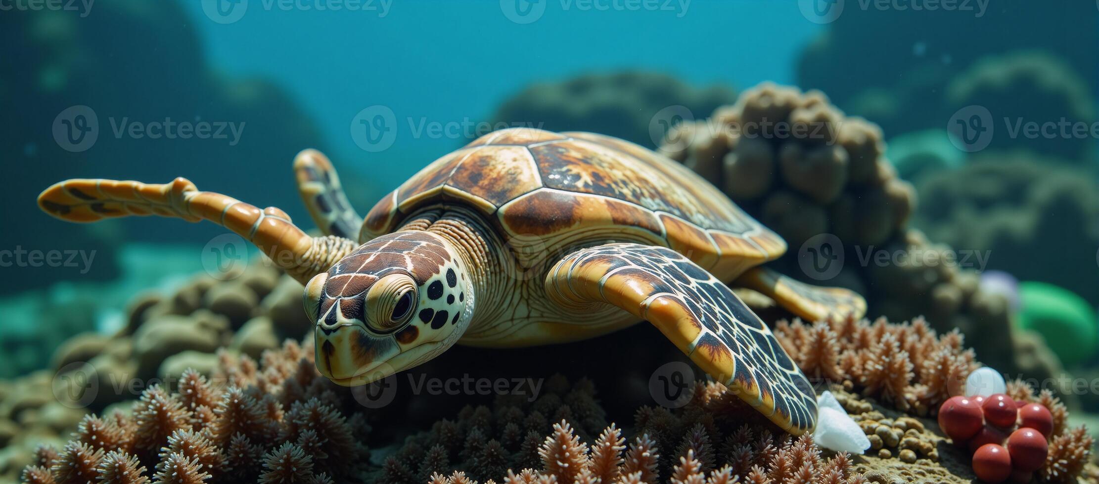 Illustrated portrayal highlighting ocean pollution through depiction of plastic waste and microplastics harming marine life photo