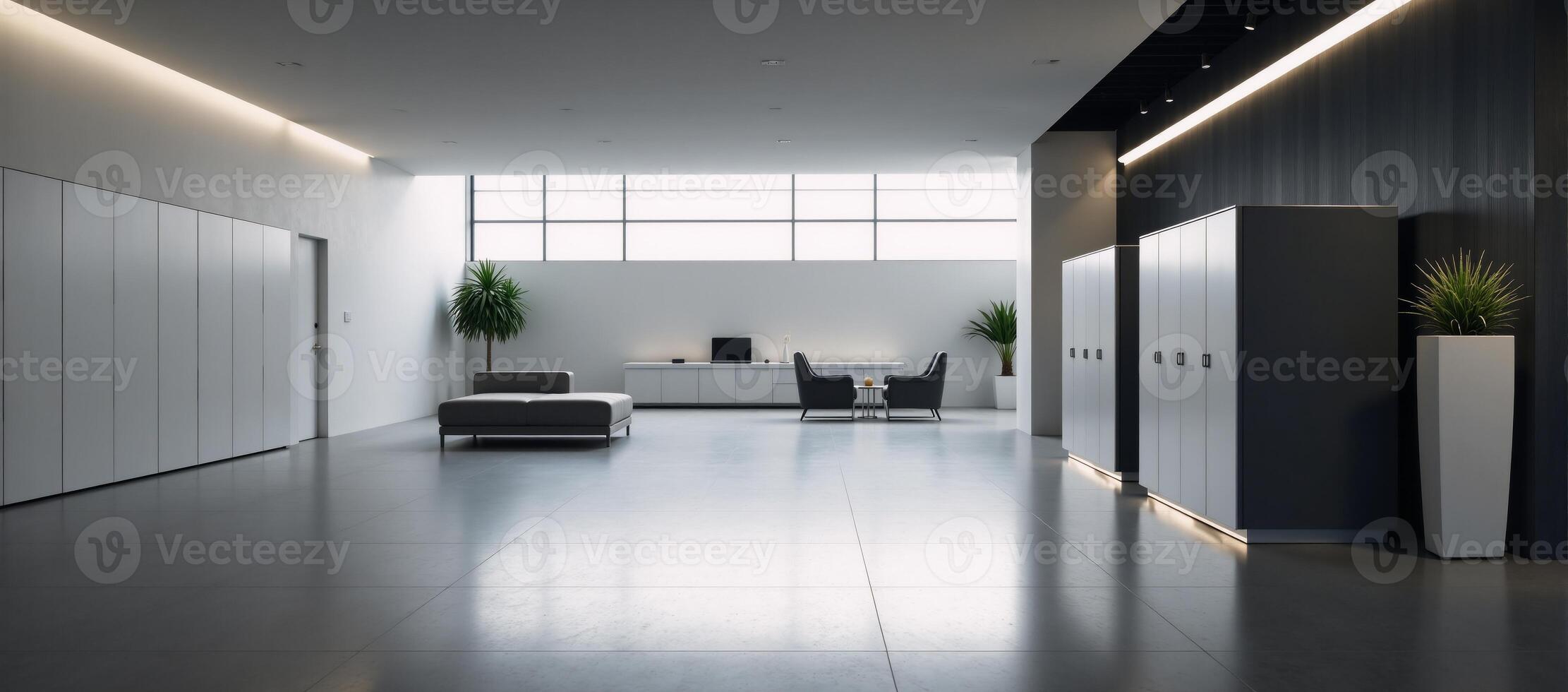 Modern technologyinspired empty room mockup featuring productslab equipment banks and lockers ideal for showcasing products within spacious settings photo