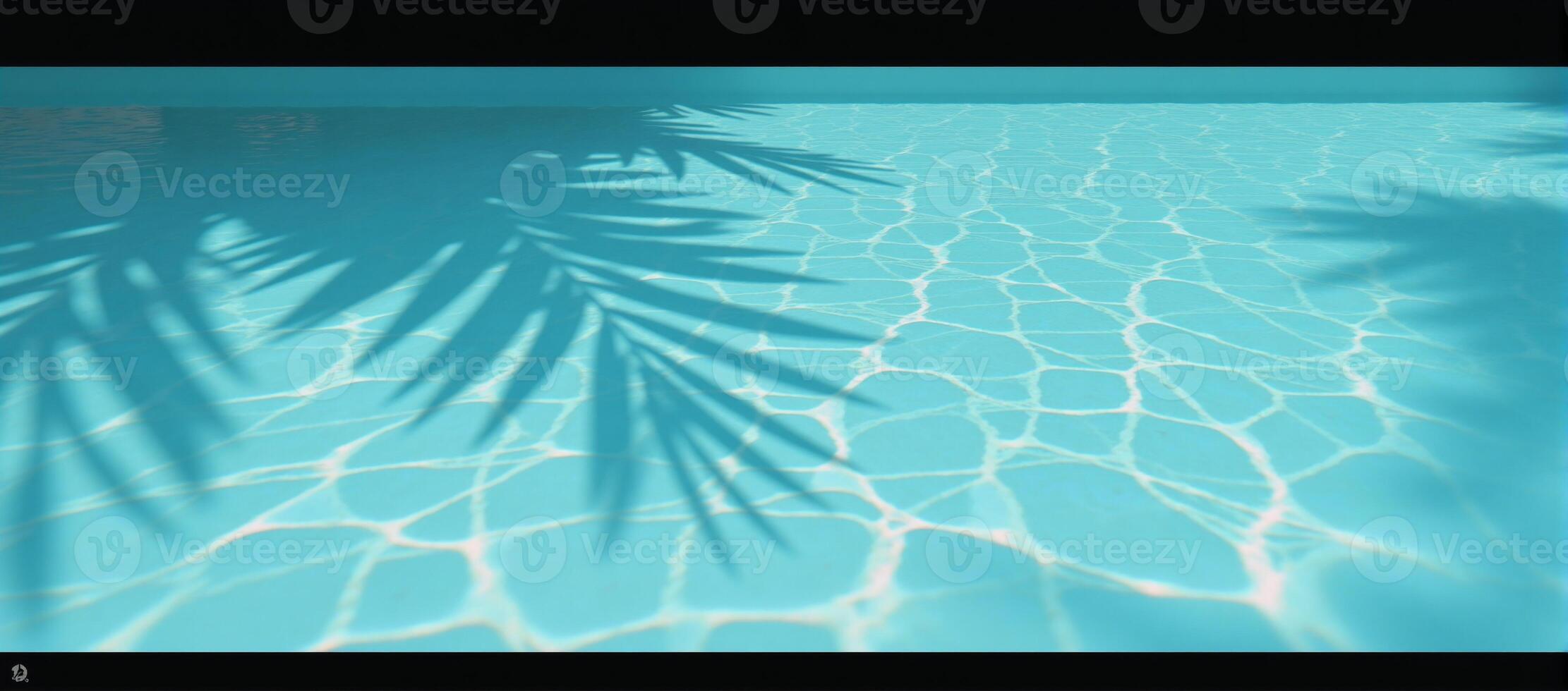 3D rendition showcases intricate palm leaf shadows dancing on a lightblue pool waters surface photo