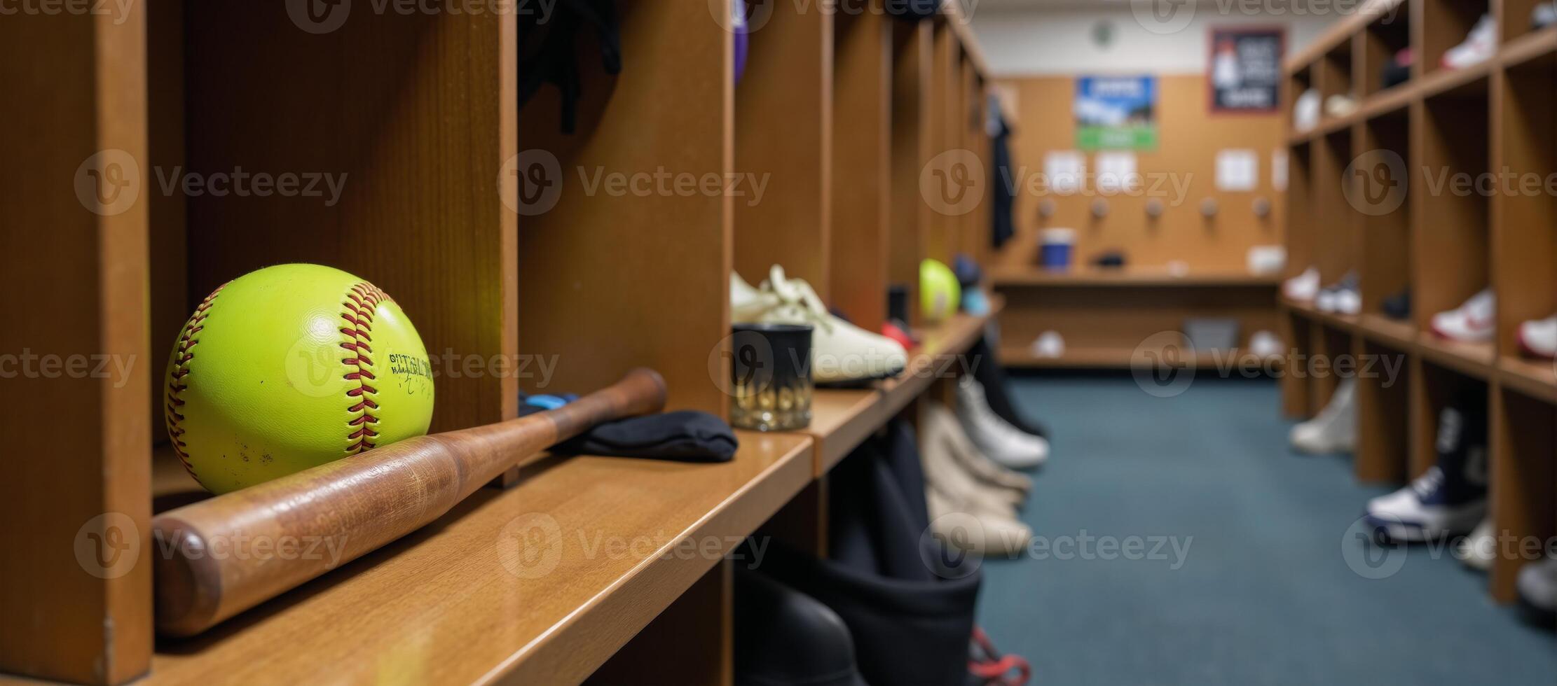 School locker room scene featuring baseball ball and bat among sports gear for athletic training photo