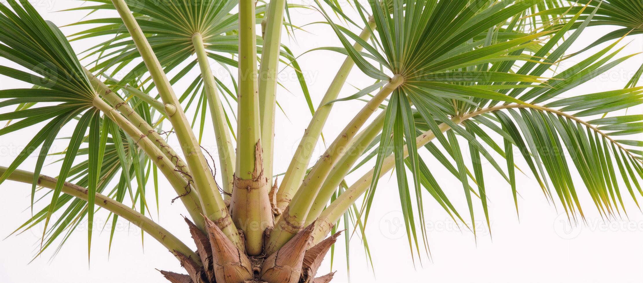 Lone palm tree set against a pristine white background minimalistic monochromatic photo