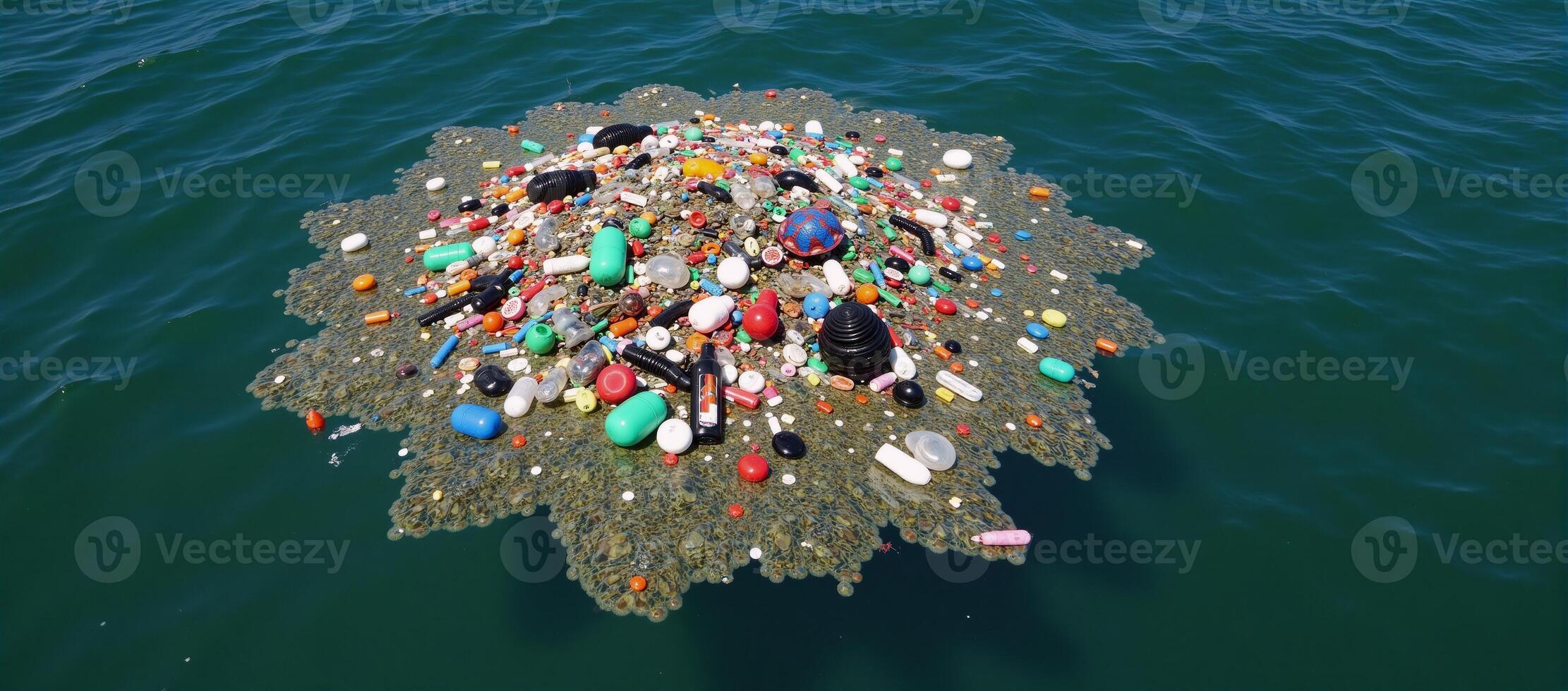 Floating plastic trash depicts environmental and ocean pollution issue photo