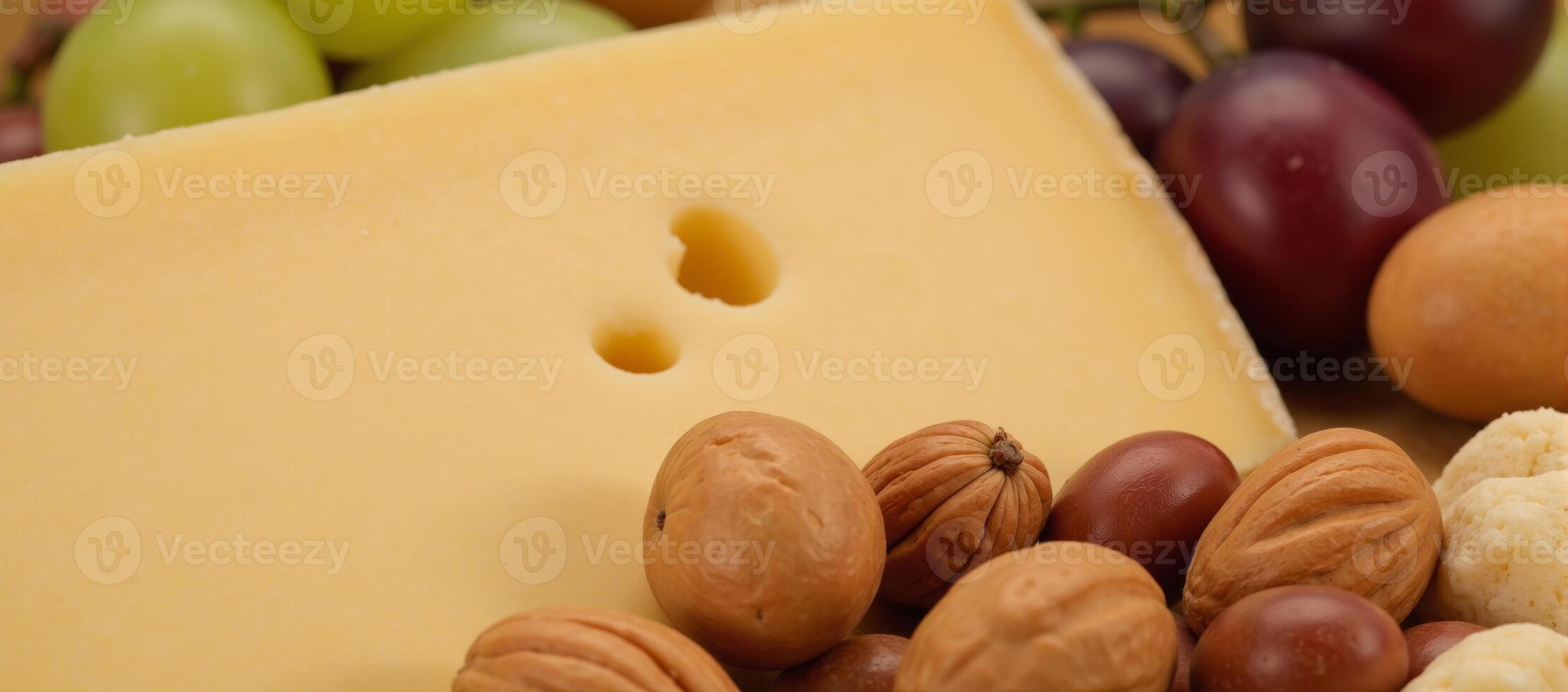 Closeup image Large EmmentalEmmenthaler cheese with grapes nuts photo