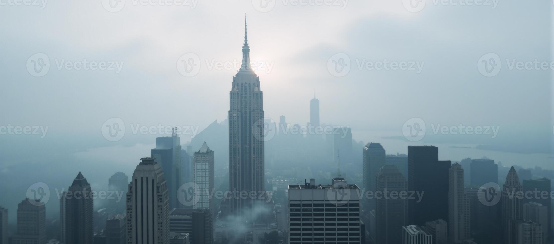 Foggy metropolis skyline showcases towering buildings disappearing into the mist evoking an ethereal ambiance photo