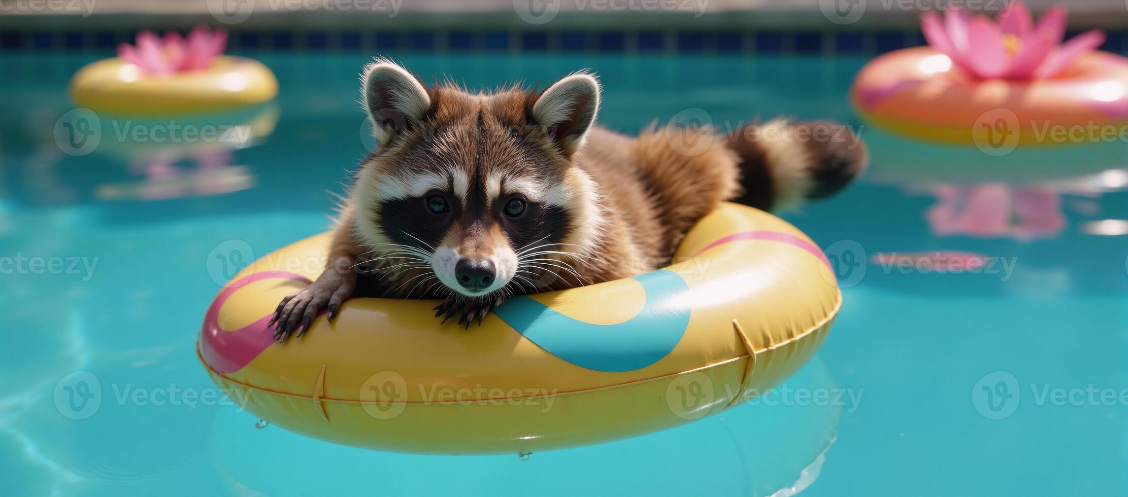 Raccoon floating leisurely on raft in swimming pool with floater photo