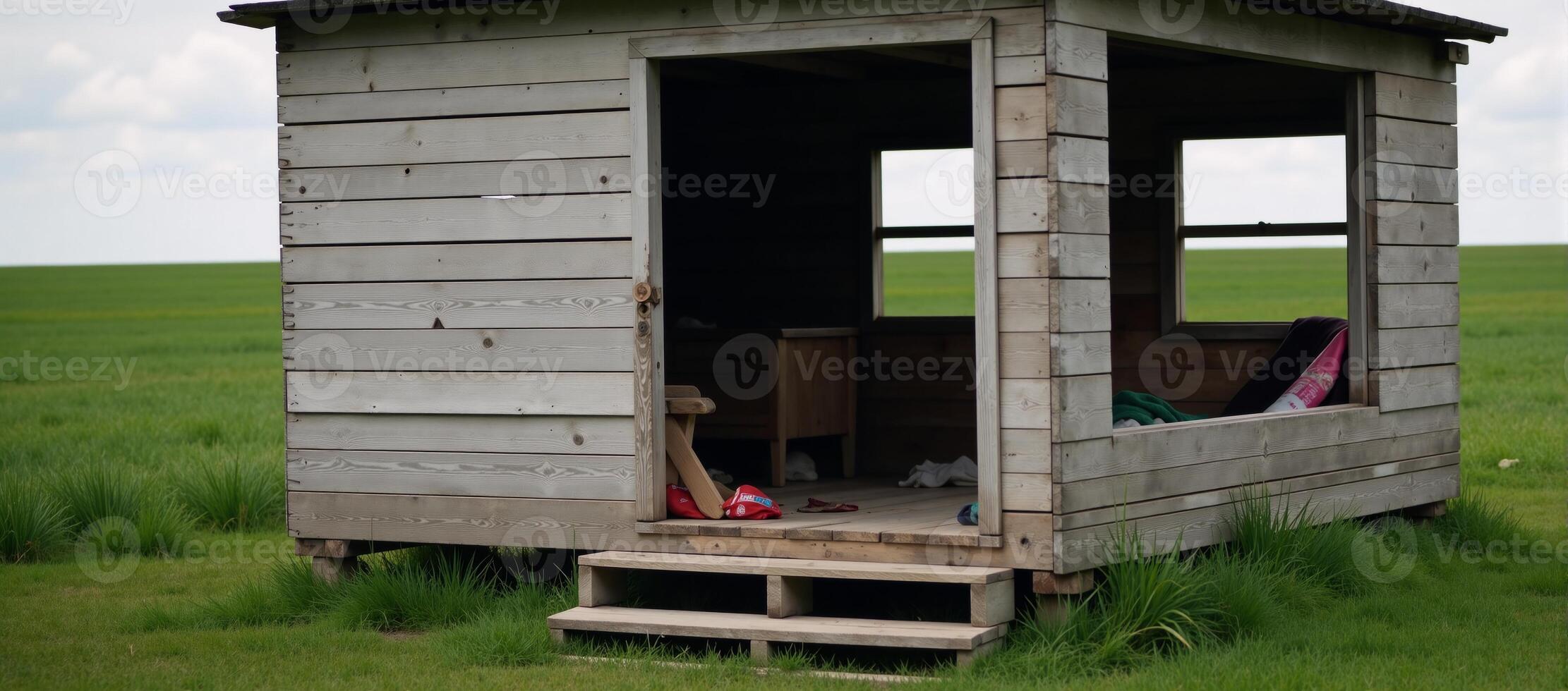Dilapidated shack scene with wooden pallets and overgrown green grass representing a poor cabin photo