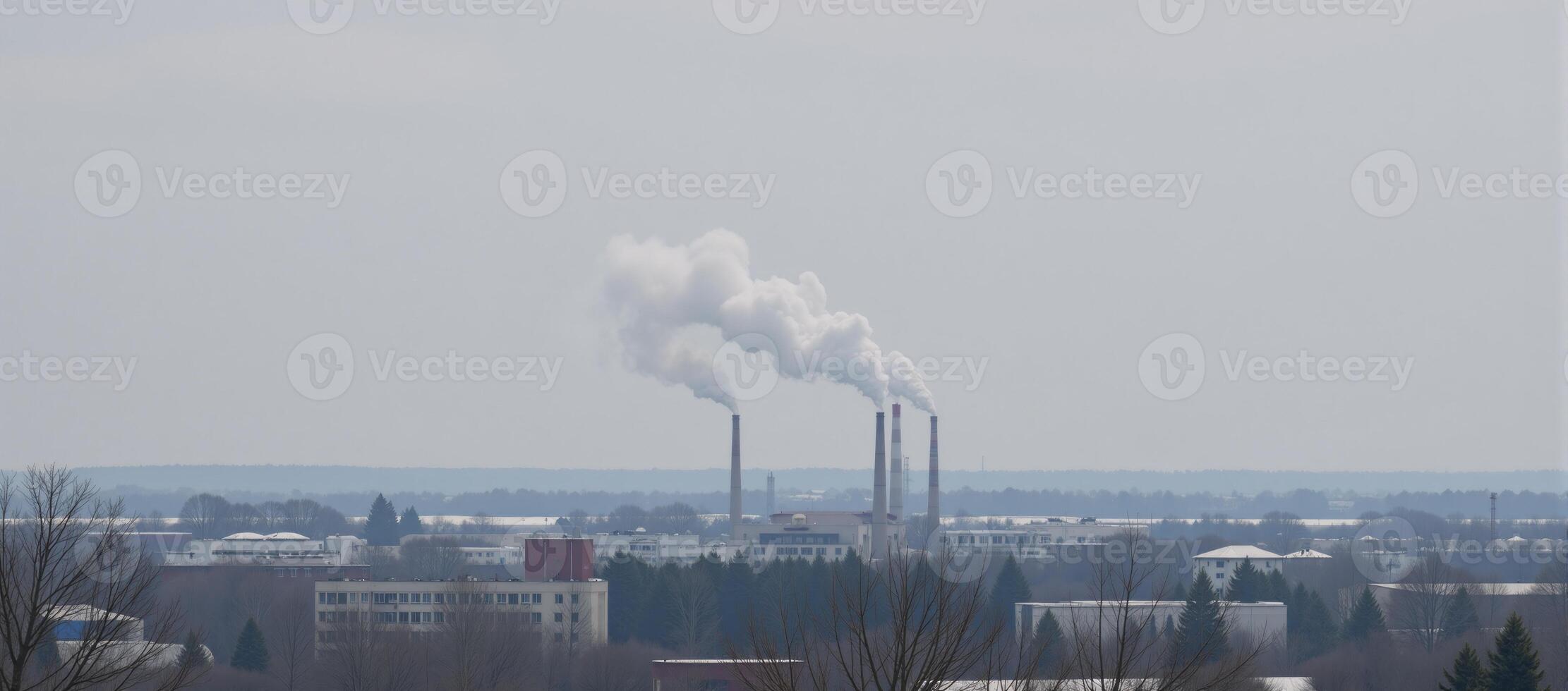 Image shows winter air pollution due to residential burning of woodcoal highlighting CO2 emissions associated urban smog hazards for public health photo
