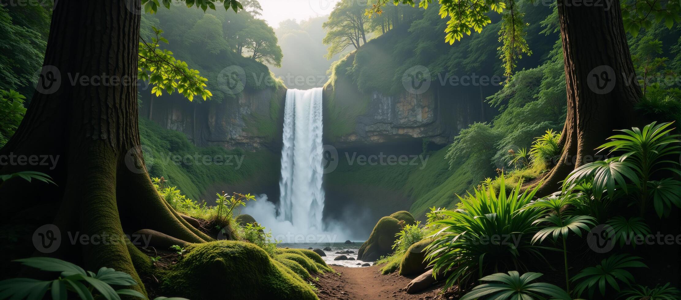 Explore an adventurefilled graphic art illustration capturing a lush forest cascading waterfalls and vibrant flora in an immersive natural setting that evokes the spirit of an exhilarating jungle trek photo