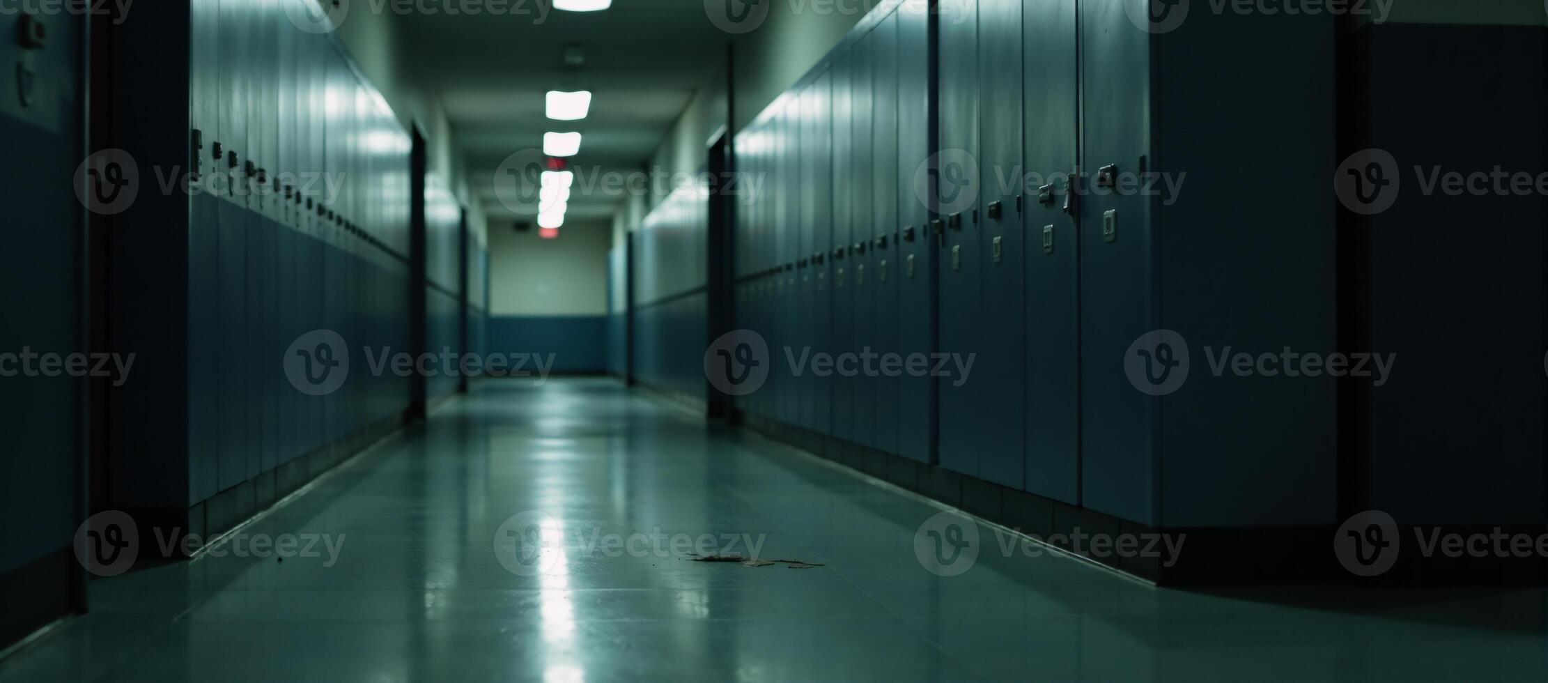 An empty high school hallway bathed in somber light from above photo