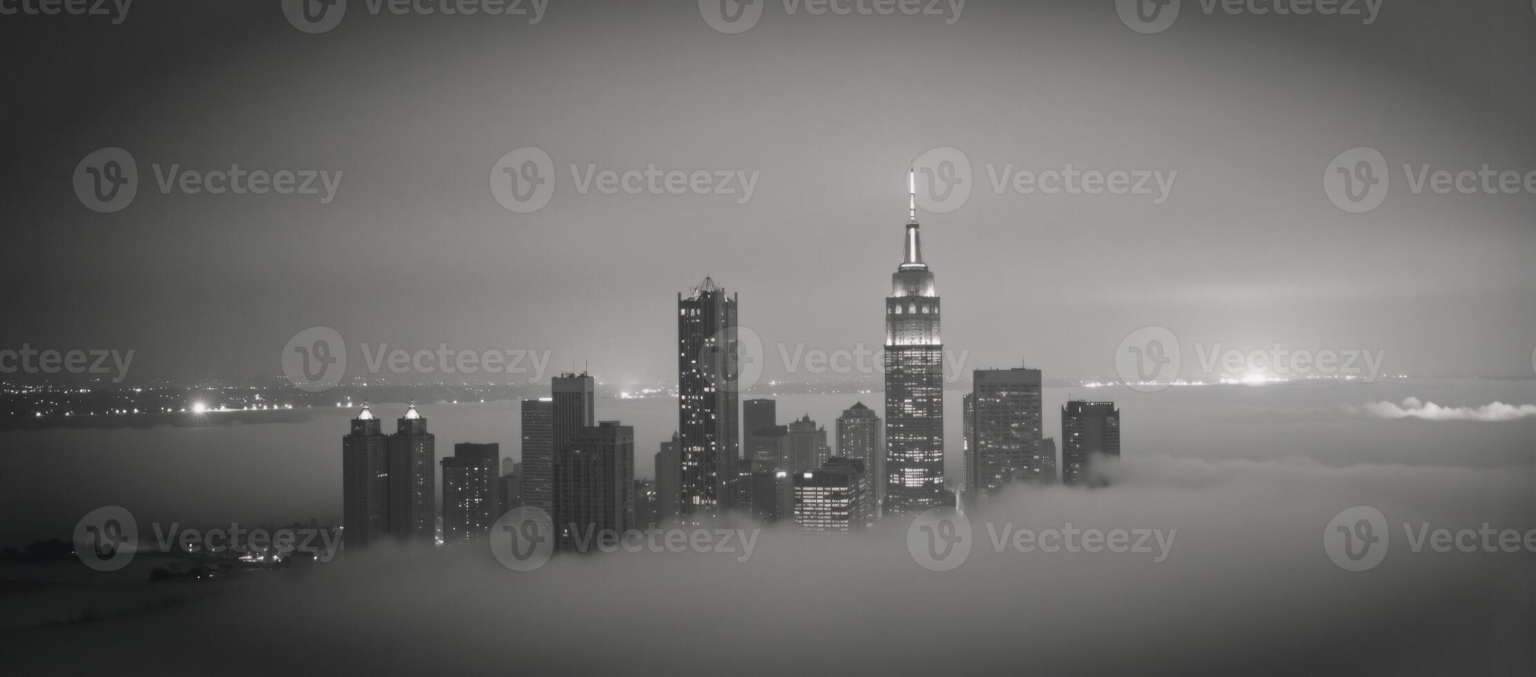 Monochrome cityscape mystical towering skyscrapers rise above the fog creating an enigmatic ambiance photo