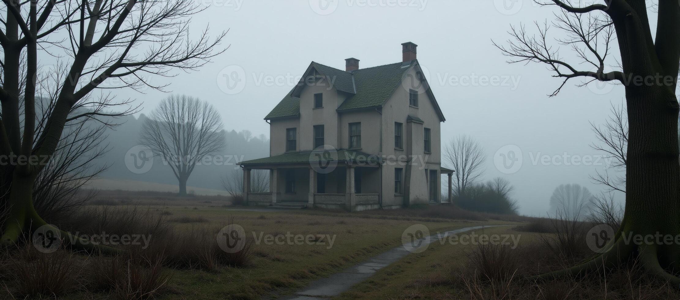 Abandoned village on a winter night with heavy mist and fog 3D Render photo