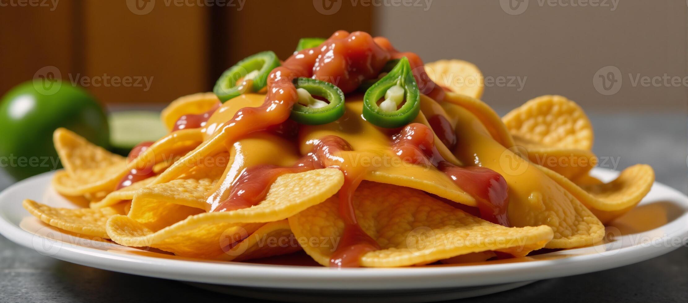 Vibrant partyfriendly nacho platter featuring jalapenos cheese and salsa photo