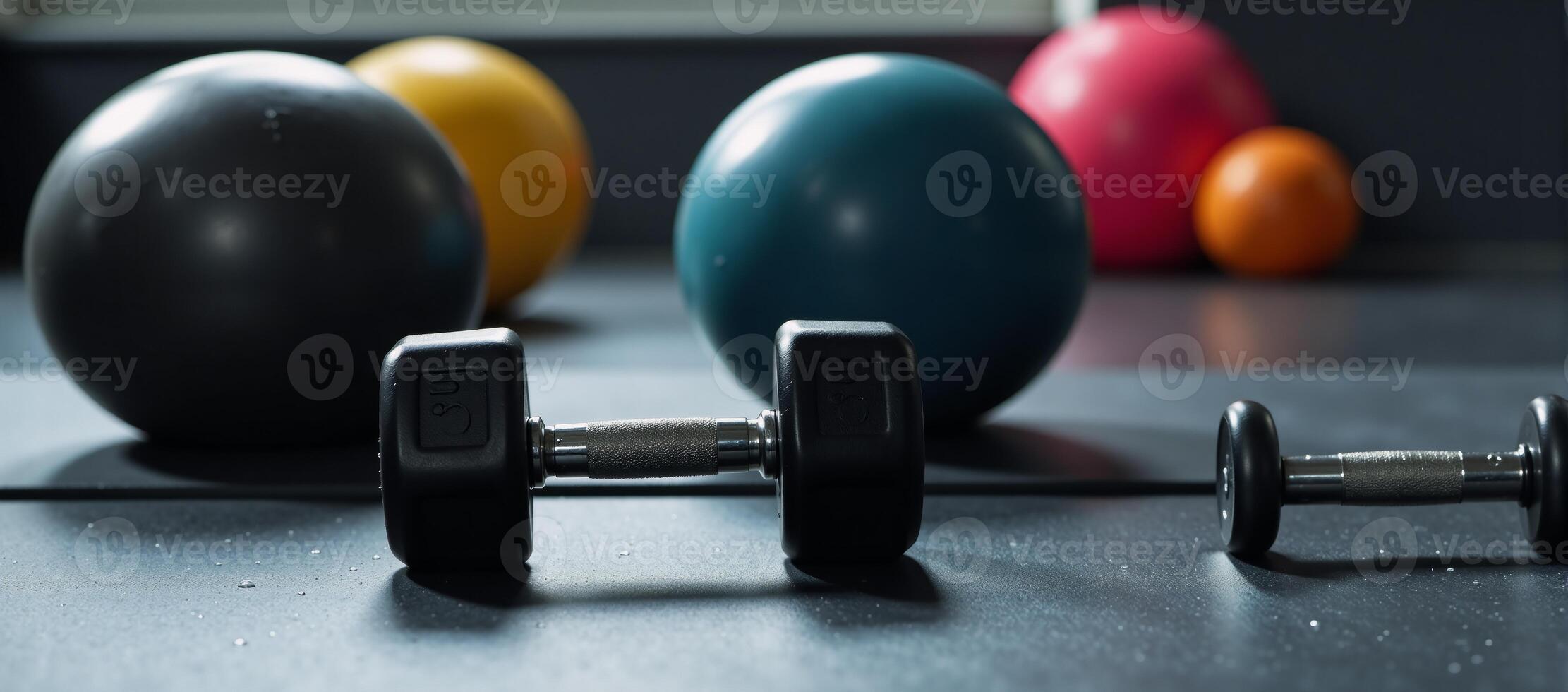 A fitness scene featuring a ball and weights on a yoga mat next to a pool of water photo