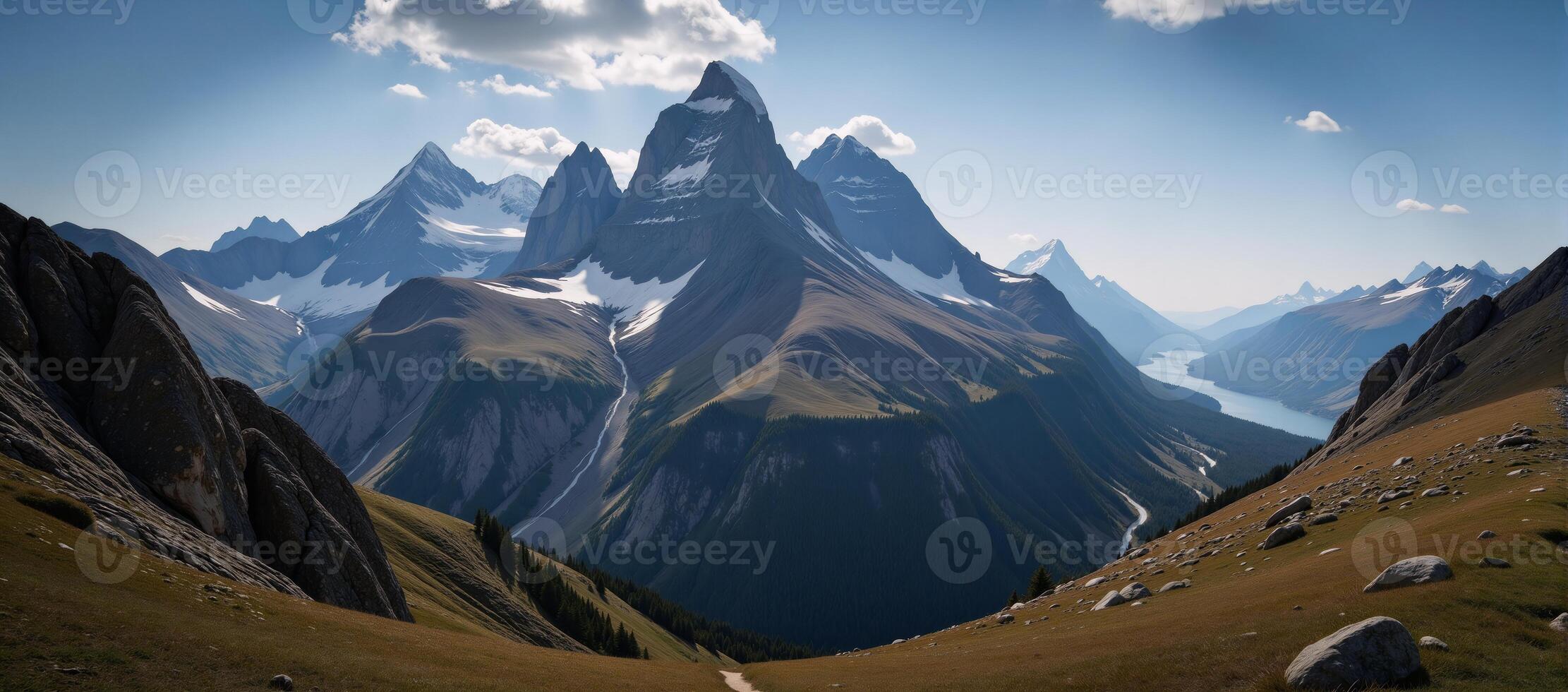 Majestic mountains vast blue sky and ancient sentinel peaks with meandering rivers on rugged terrain photo
