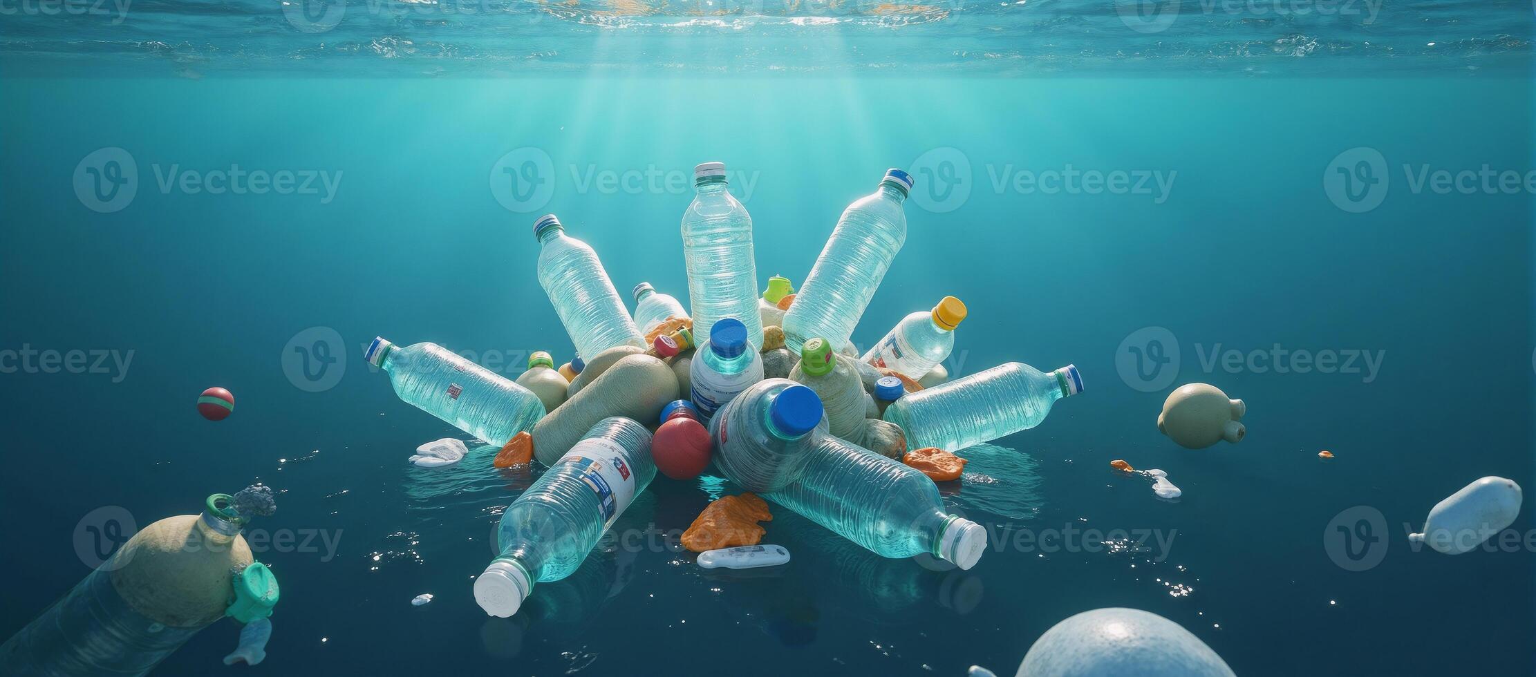 Floating plastic litter bottles microplastics in open sea marine pollution visualized as 3D illustration photo