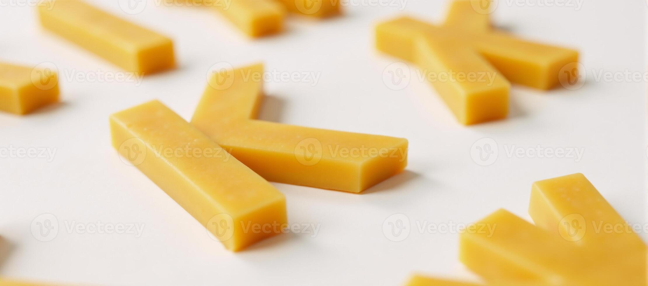 Yellow cheese letters arranged in Kshapes against white backdrop cheesethemed typography design photo