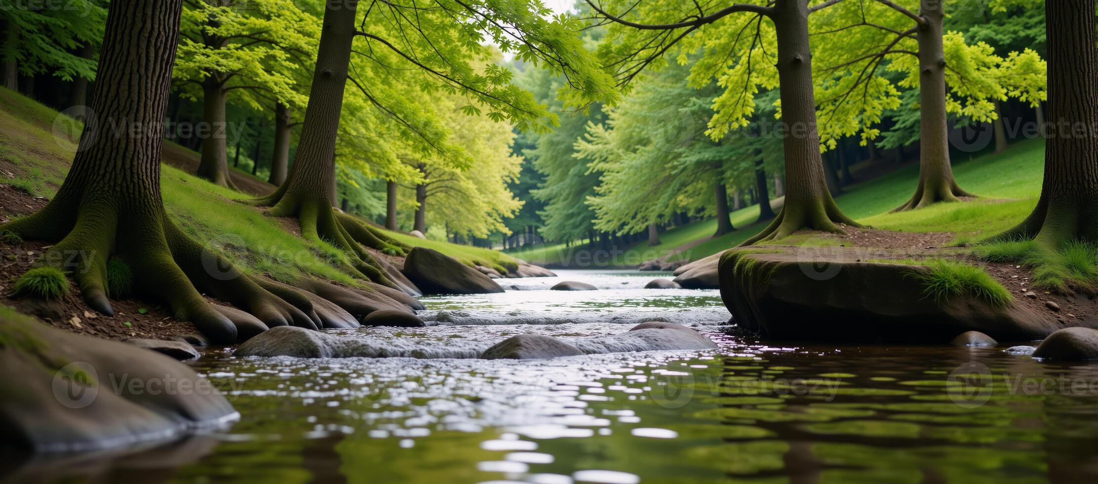Scene featuring a picturesque riverscape within a serene natural park setting photo