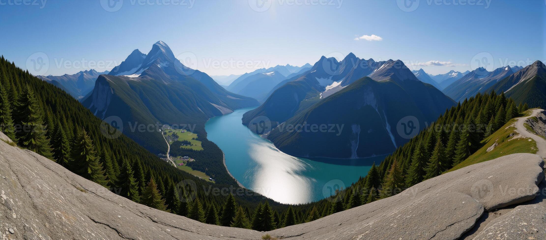 Stunning landscape featuring majestic mountains and flowing rivers illuminated by soft ethereal light photo