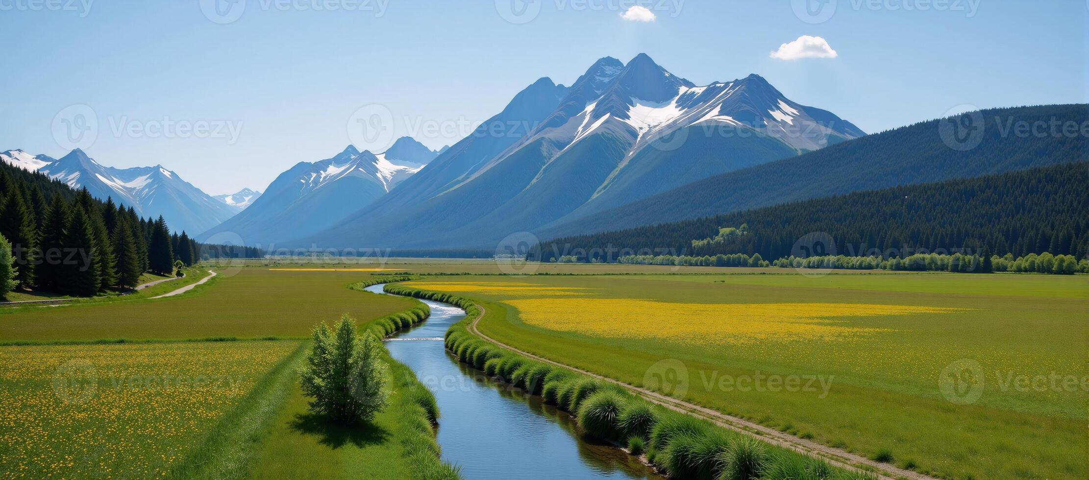 Dronecaptured graphic art illustration showcases an adventurous outdoor nature scene with wild mountain flowing rivers and fields in a captivating adventure travel vibe photo