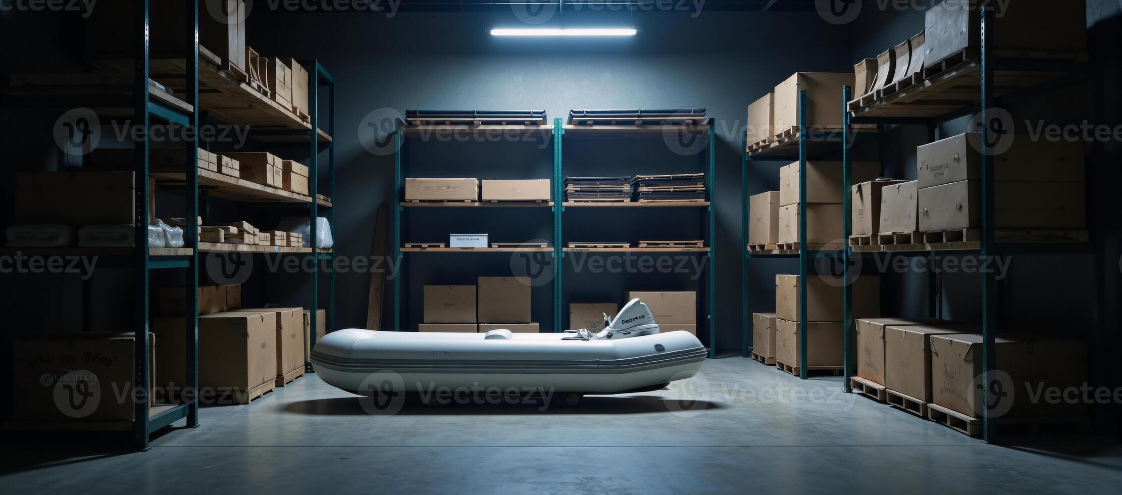 Illuminated organized shelves create a tranquil atmosphere within a warehouse corner photo