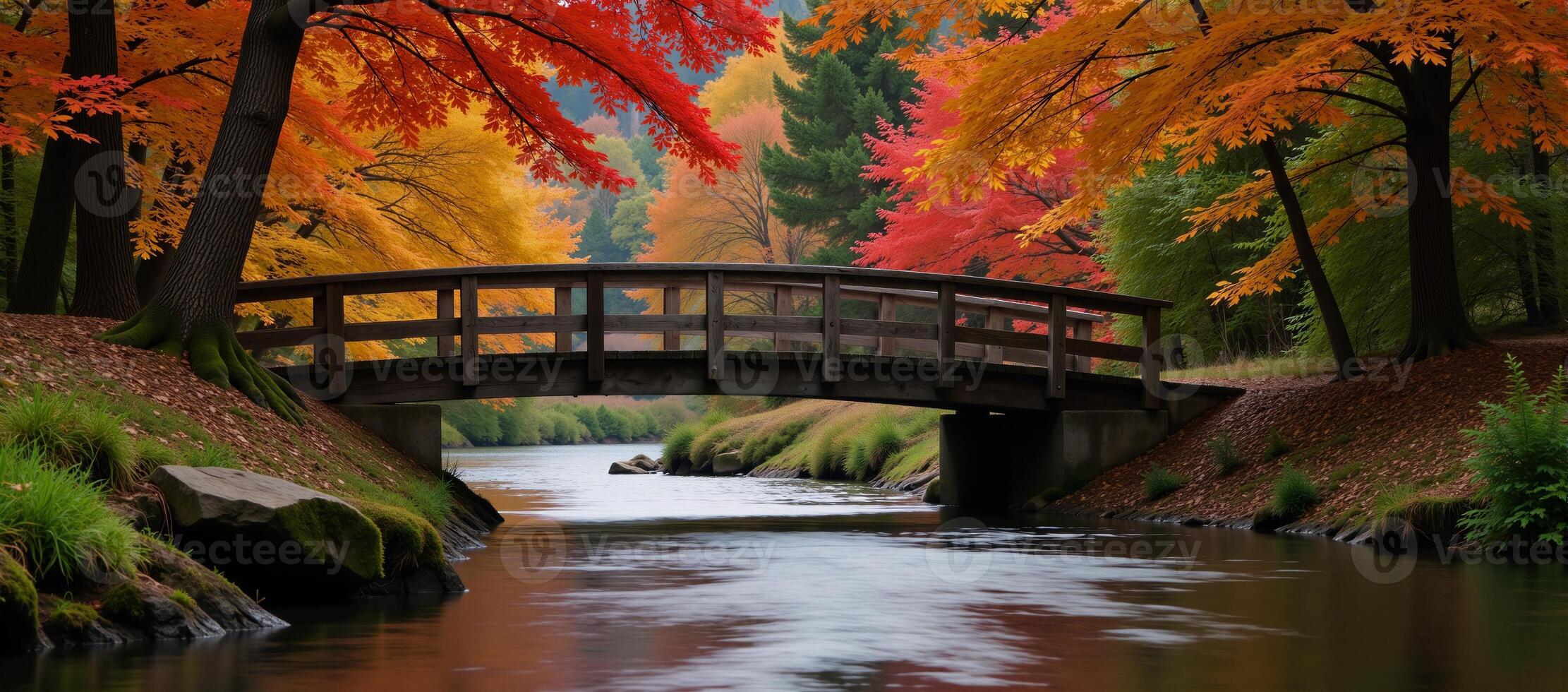 Picturesque autumn scene serene river flowing under colorful trees with a charming wooden bridge photo