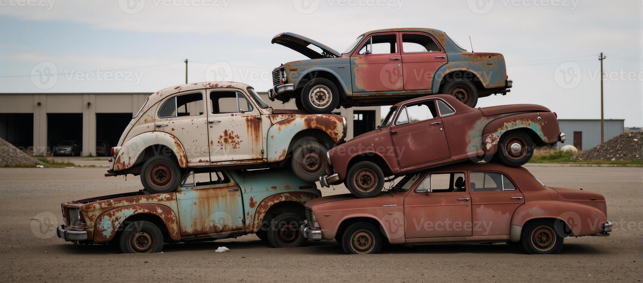 Old rusty vehicles in a derelict junkyard highlighting their state of disrepair and abandonment photo
