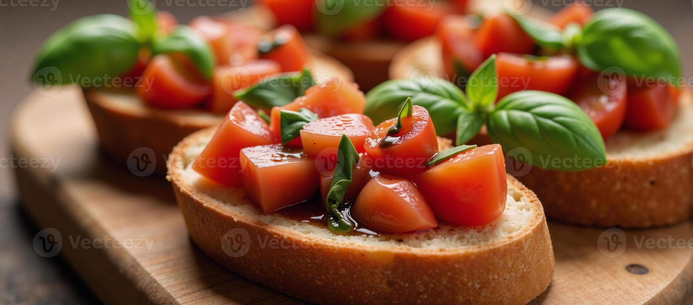 Vegan Bruschetta with diced tomatoes garlic basil and balsamic glaze on toasted baguette slices served rustically on a wooden board photo