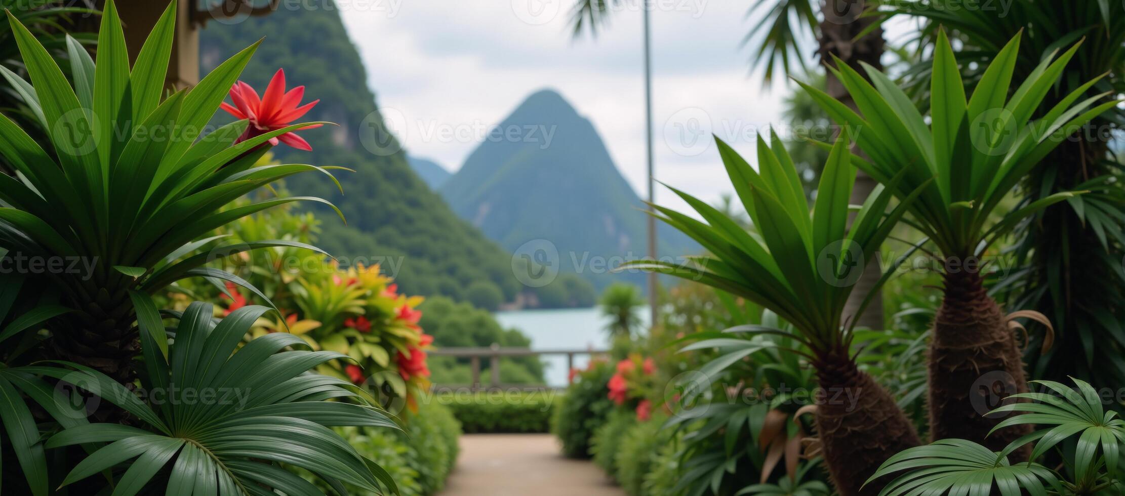 Tropical plants adorn backdrop setting photo