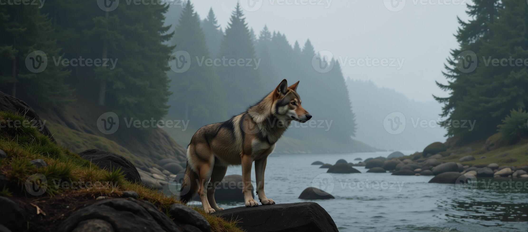 A mistshrouded forest landscape hosts a solitary wolf figure photo