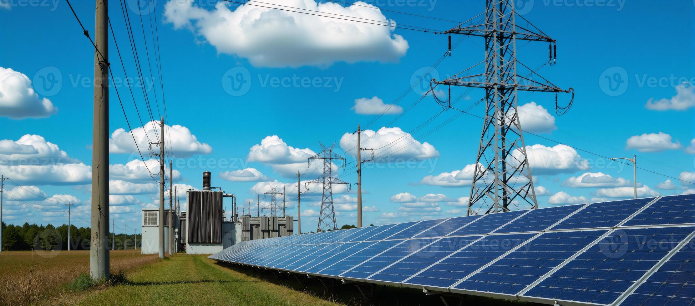 A hyperrealistic illustration featuring an intricate power system with renewable grid and electric transmission lines set against a backdrop of dynamic electric energy photo