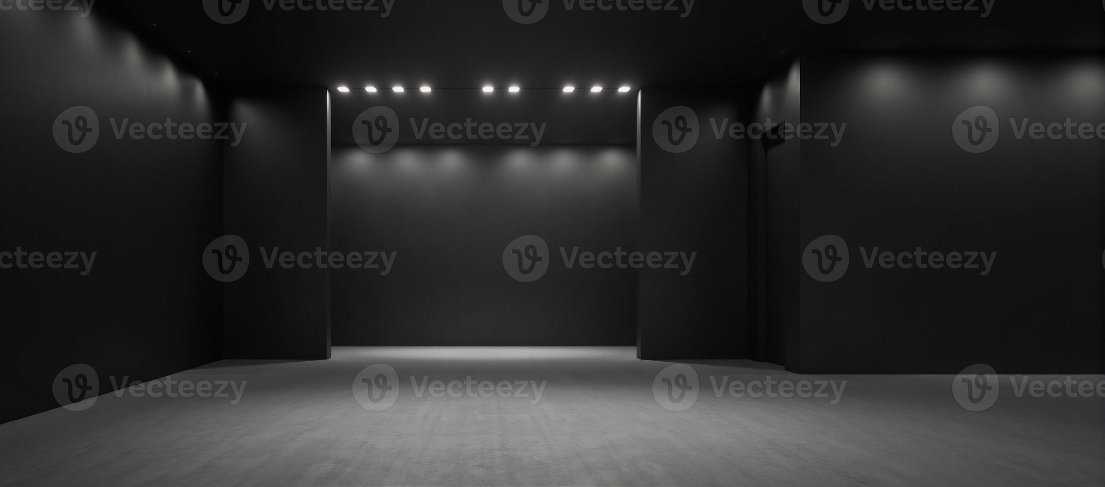 Modern minimalist mockup featuring an empty concrete hallway with black walls and LED lights lining the ceiling photo