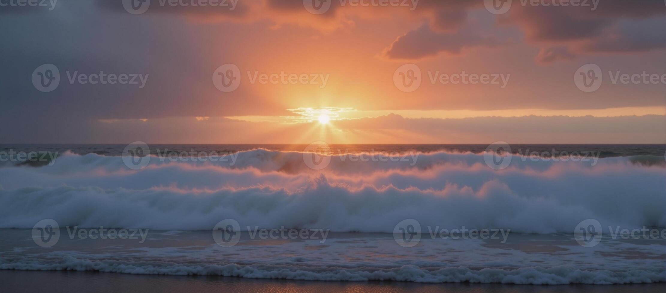 A creative copyspace image featuring a mystical sunrise over an ocean veiled by foggy clouds photo
