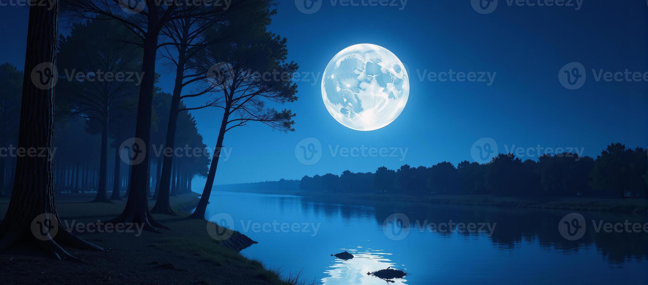 A blue gradient landscape illustration featuring silhouetted trees against a large full moon and river photo