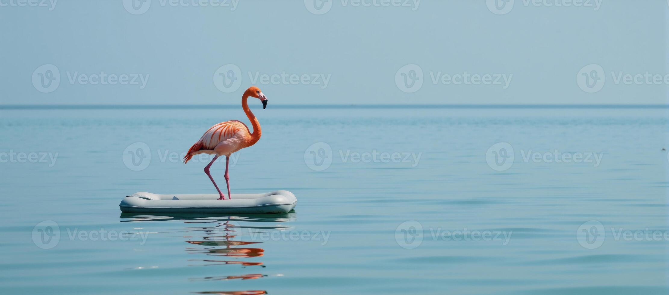 Pink flamingo floats peacefully on an ocean raft surrounded by calm waters photo