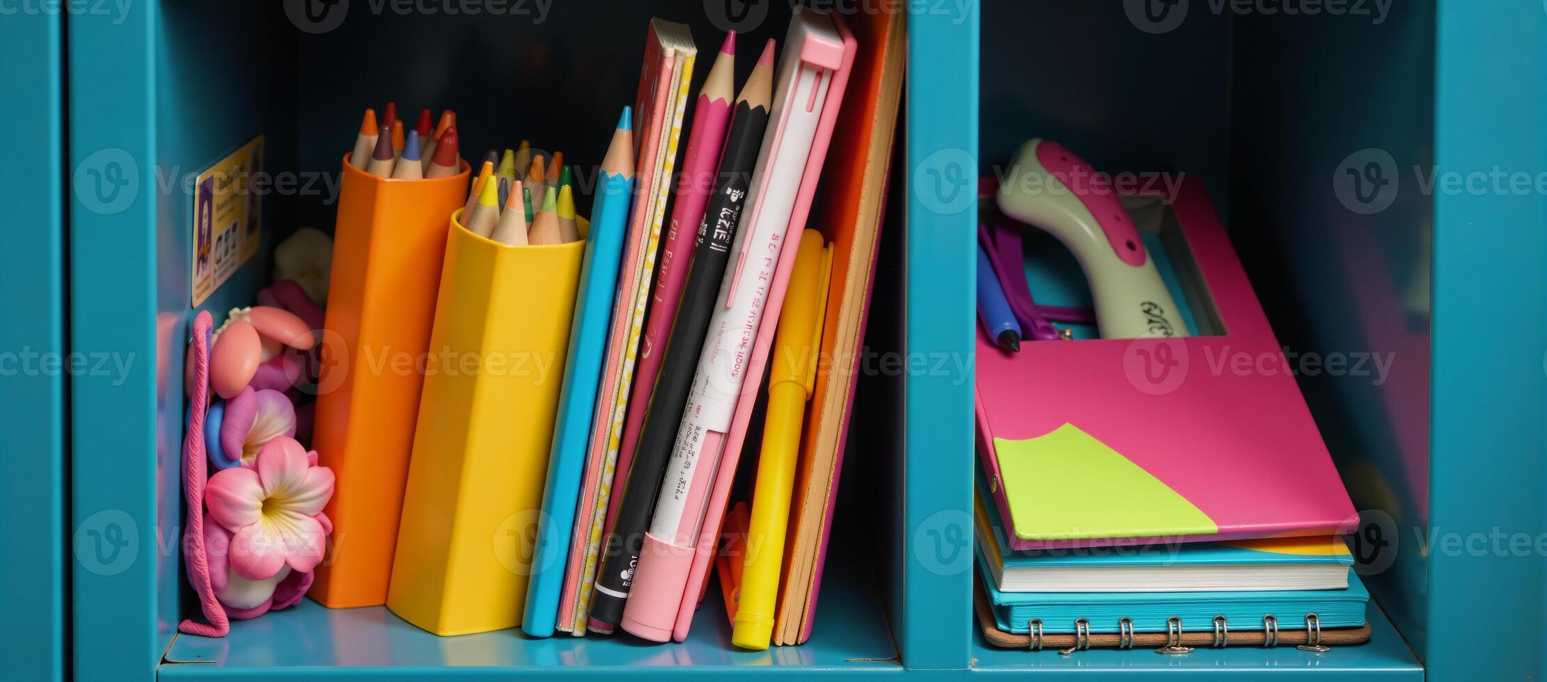 A vibrant display of personal items filling up a standard school locker photo