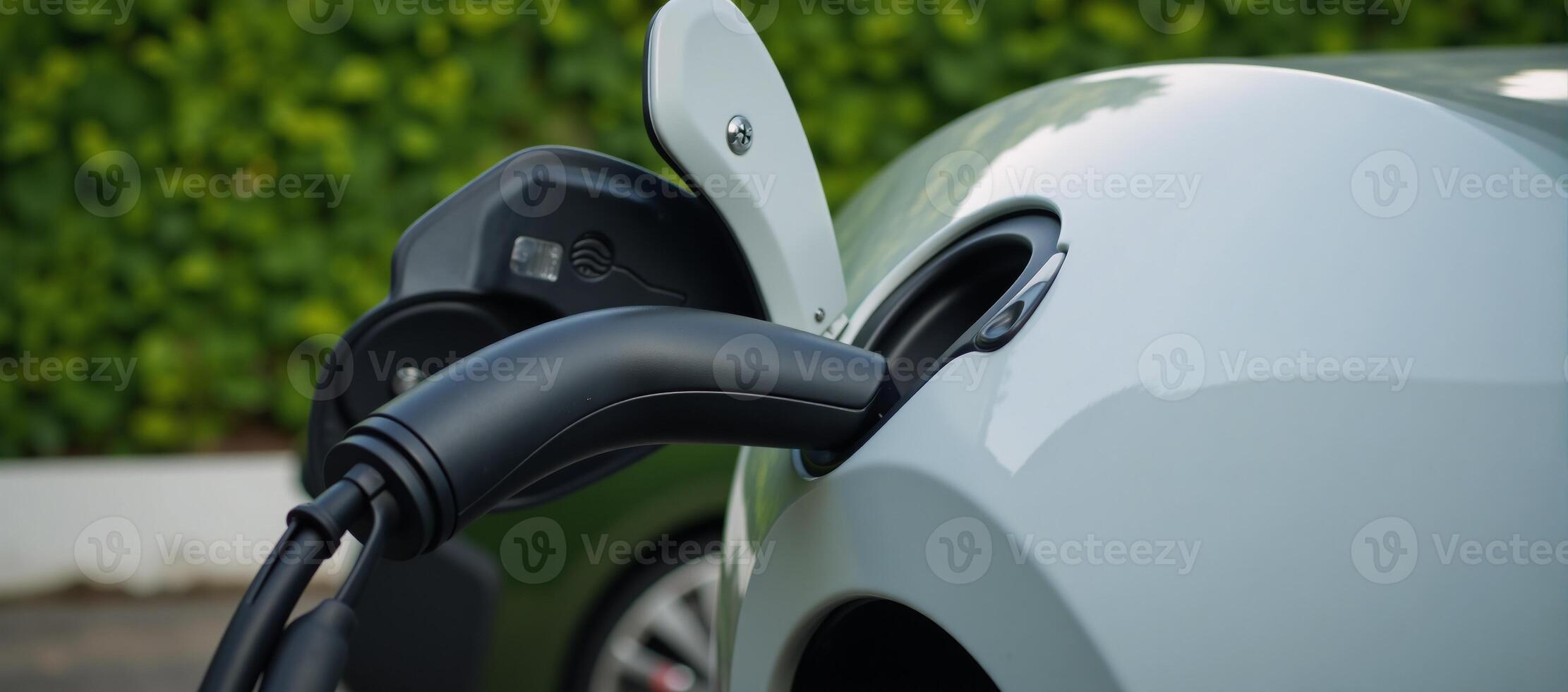a closeup shot of an electric car inlet with a connected charging cable against a green backdrop photo