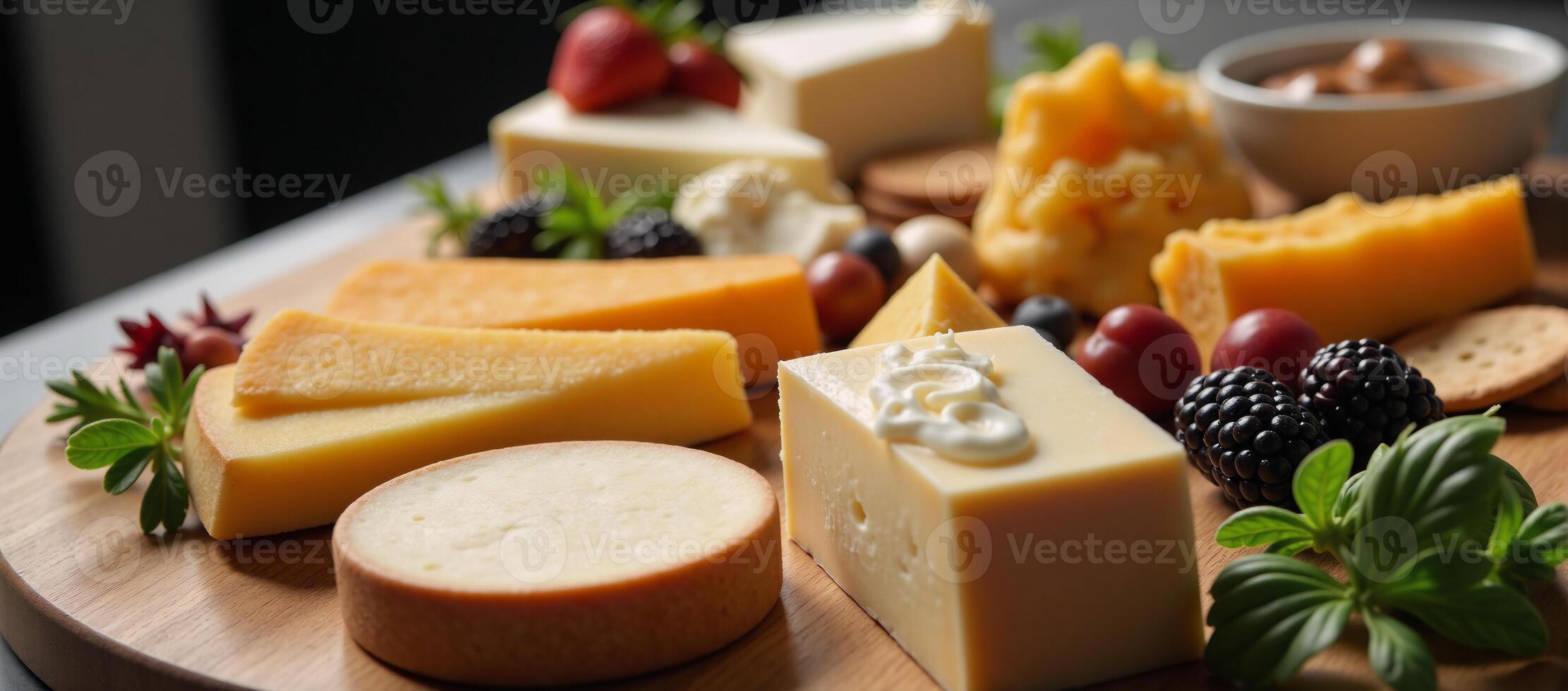 A creative cheese board display featuring geometrical arrangements of various cheeses photo