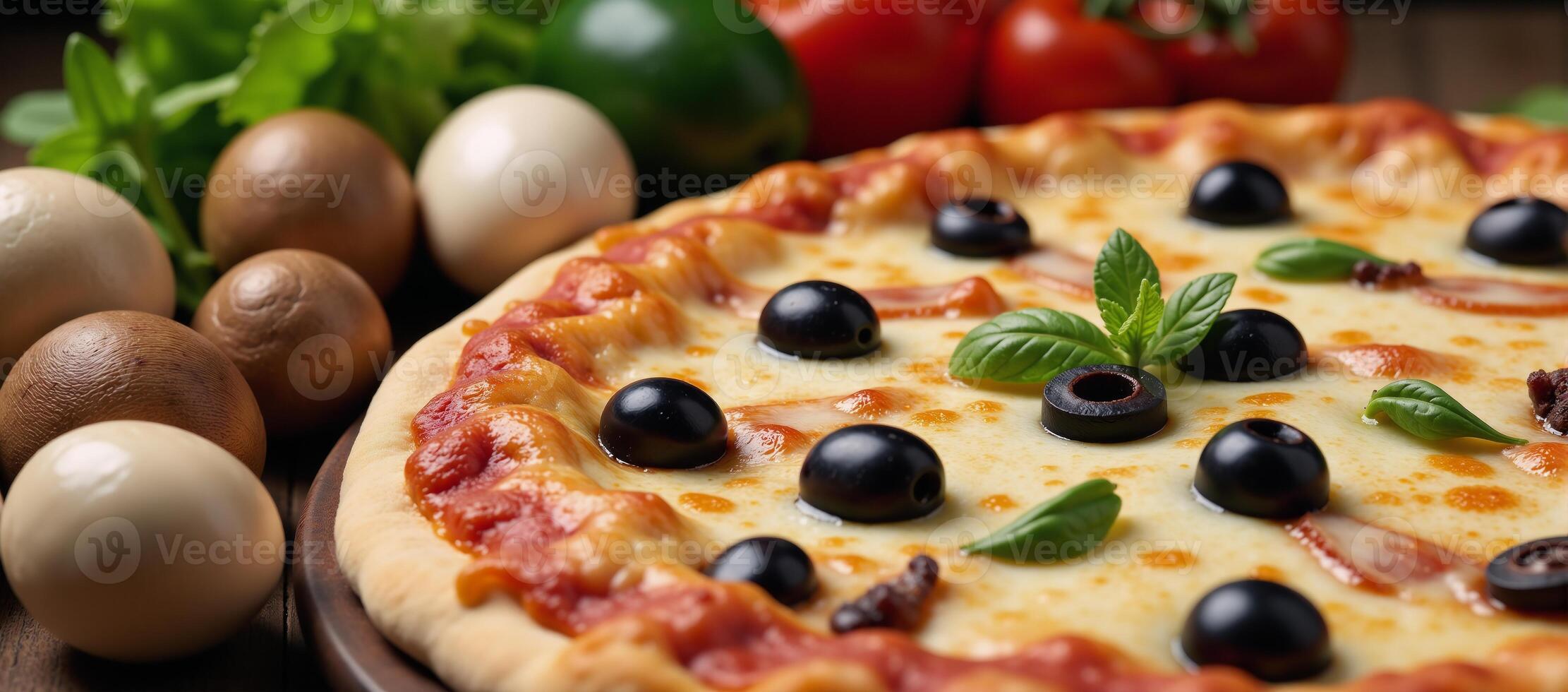 Illustration showcases a delicious pizza with olives mushrooms and veggies along with its recipe photo