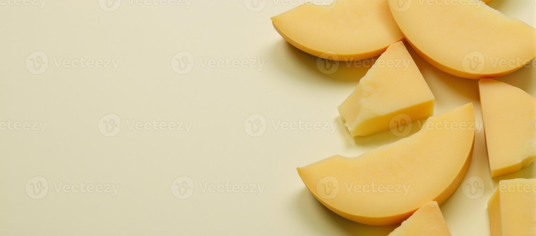 Deliciously arranged slice of cheese on a cool background with additional cheesy goodness on the table photo