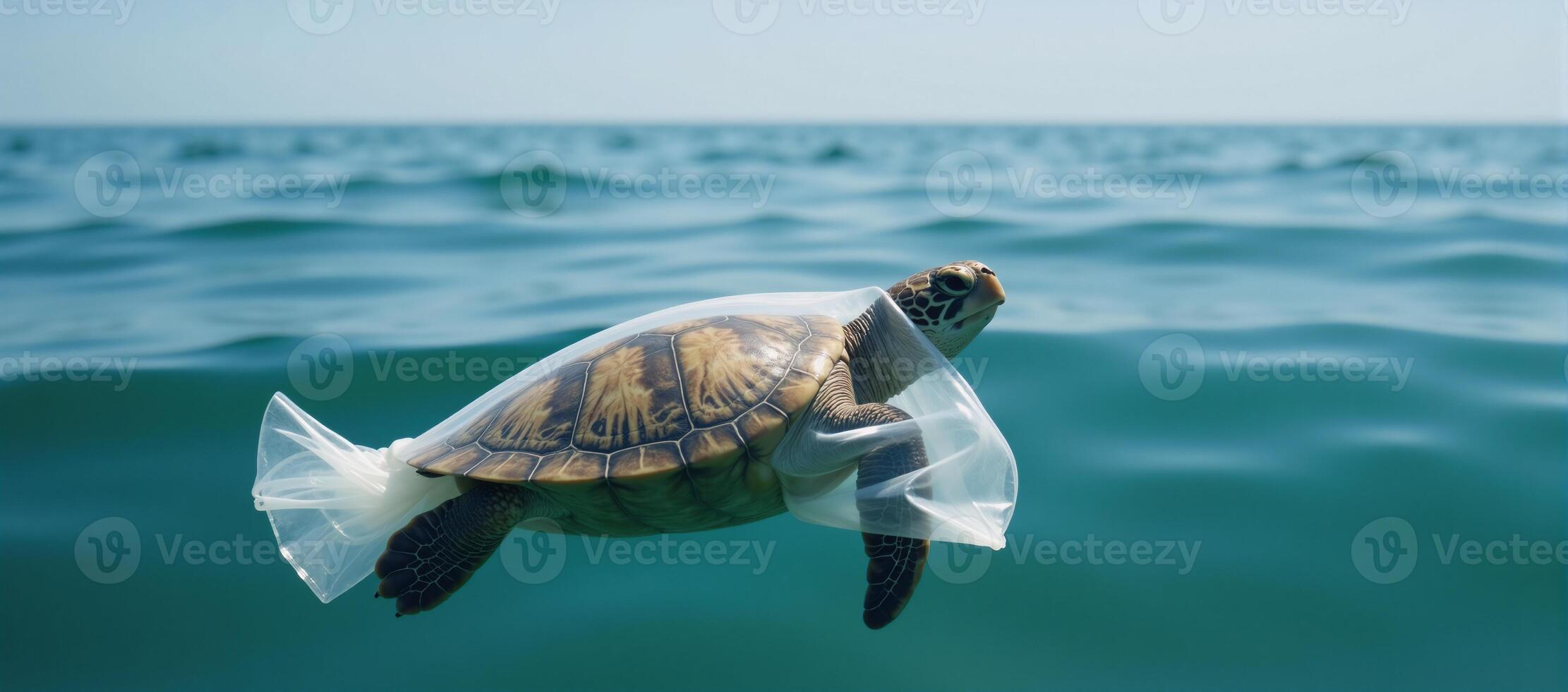 Turtle trapped in plastic waste amidst oceans WODEnvironmental Pollution theme photo
