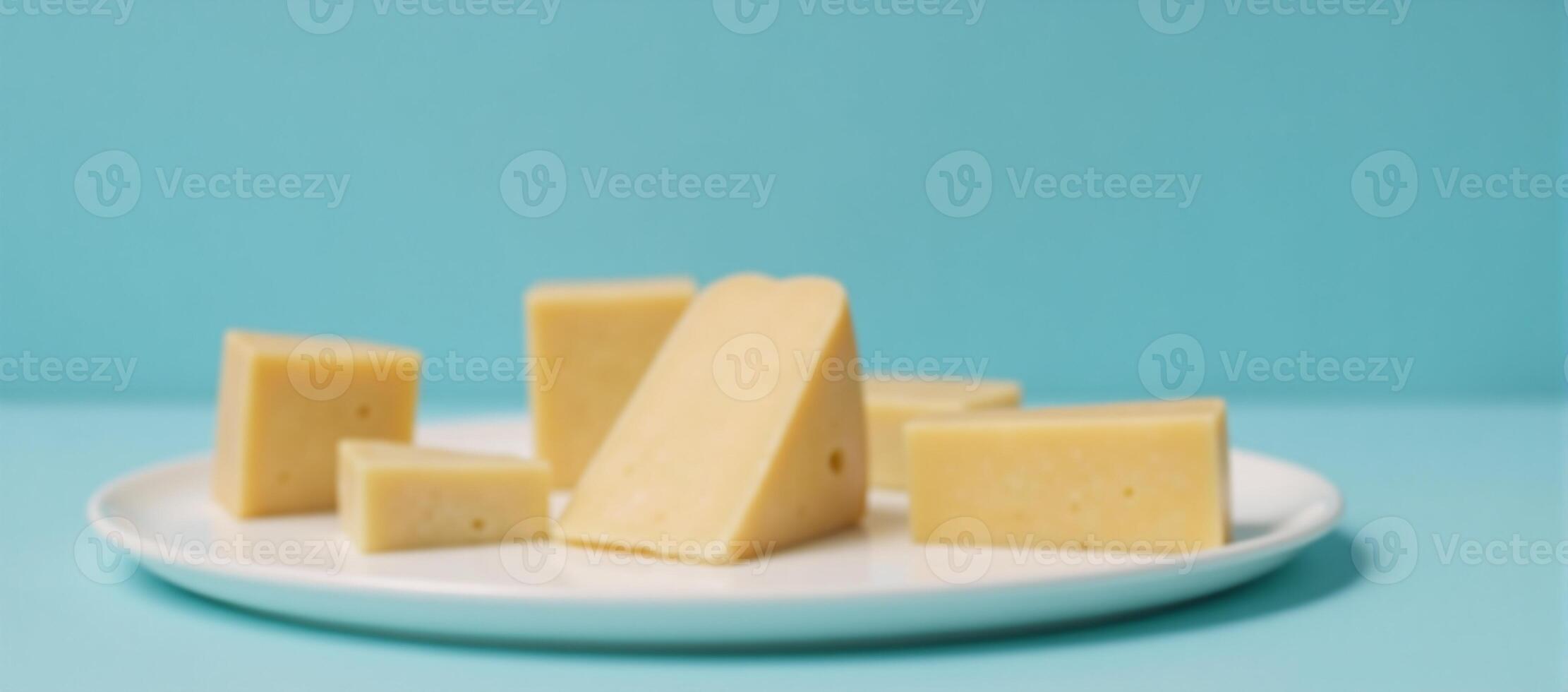 Cheese cubed on a blue surface against a matching backdrop photo